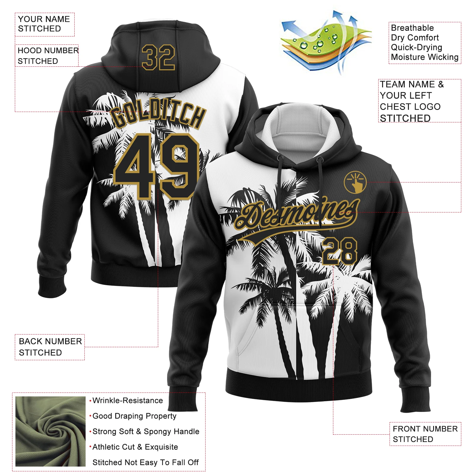 Custom Stitched Black White-Old Gold 3D Hawaii Coconut Trees Sports Pullover Sweatshirt Hoodie - Image 2