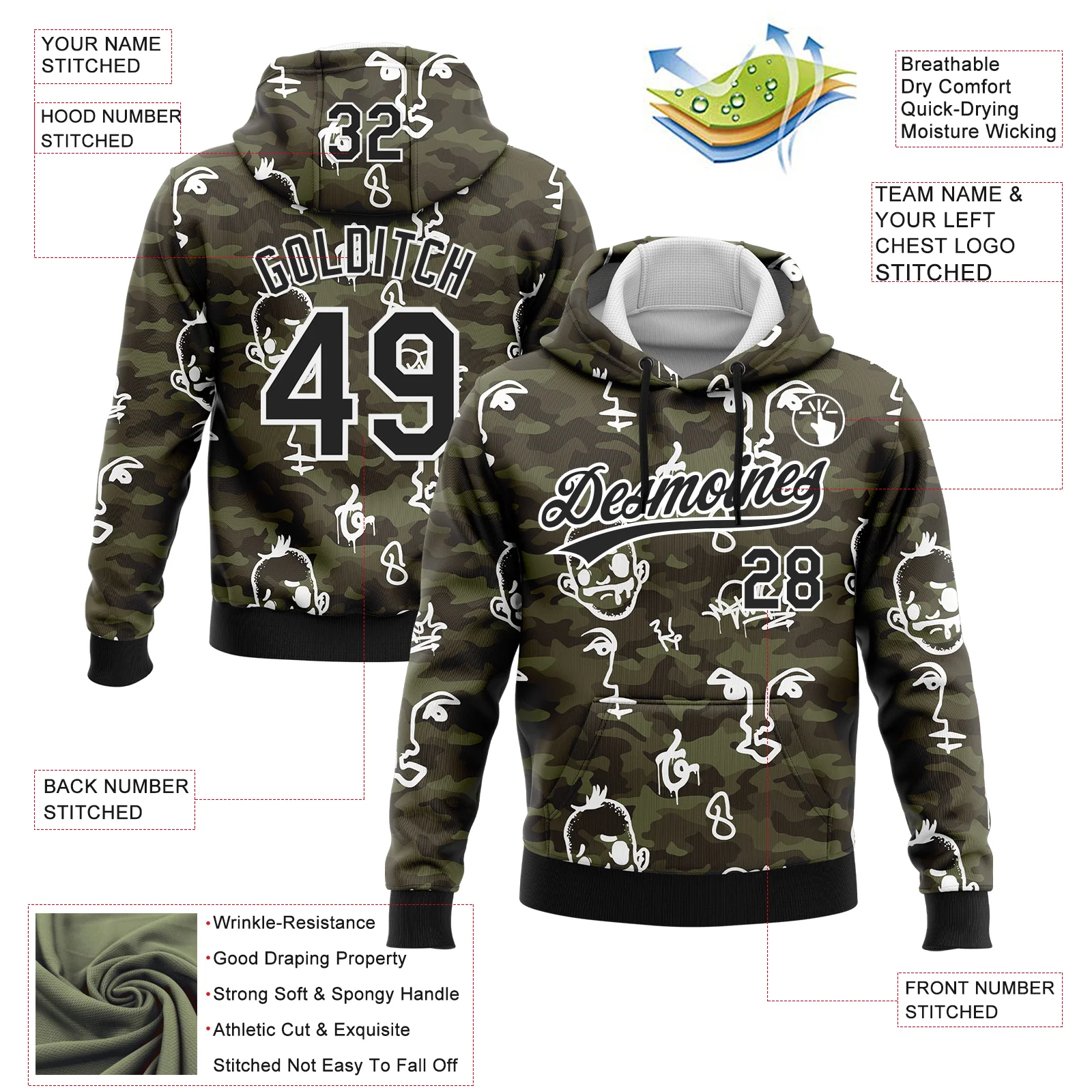 Custom Stitched Camo Black-White 3D Hand Painted Face Sports Pullover Sweatshirt Salute To Service Hoodie - Image 2