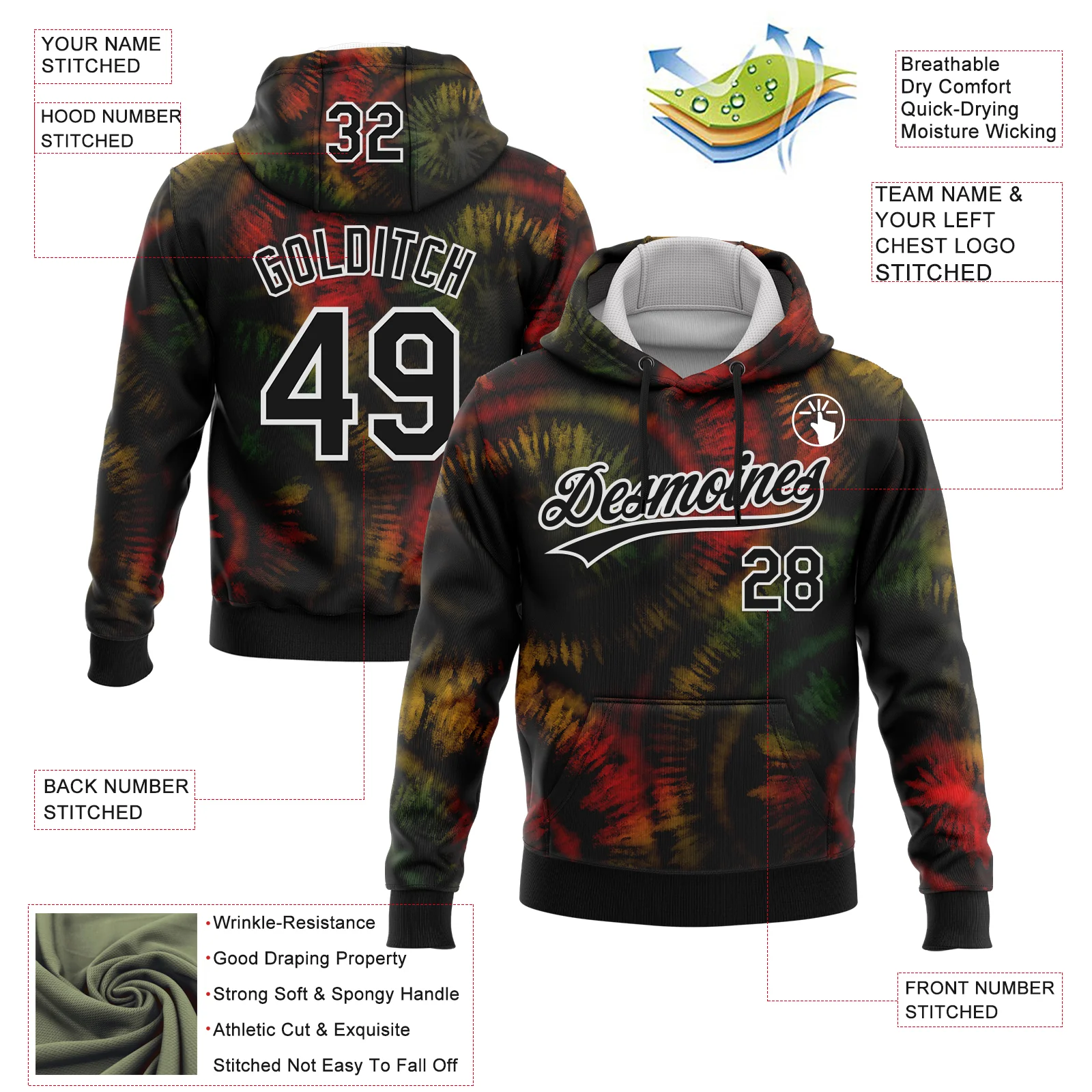 Custom Stitched Tie Dye Black-White 3D Sports Pullover Sweatshirt Hoodie - Image 2
