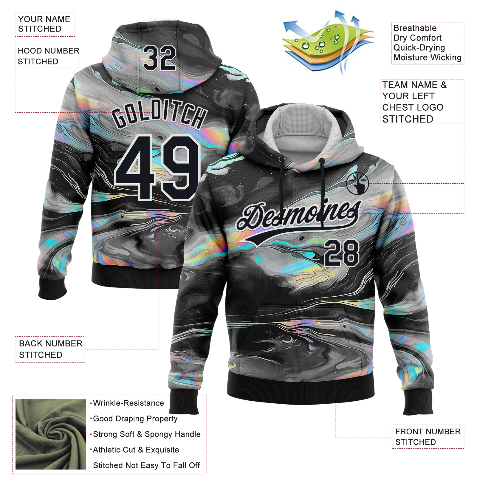 Custom Stitched Black White 3D Pattern Design Abstract Psychedelic Fluid Art Sports Pullover Sweatshirt Hoodie - Image 2
