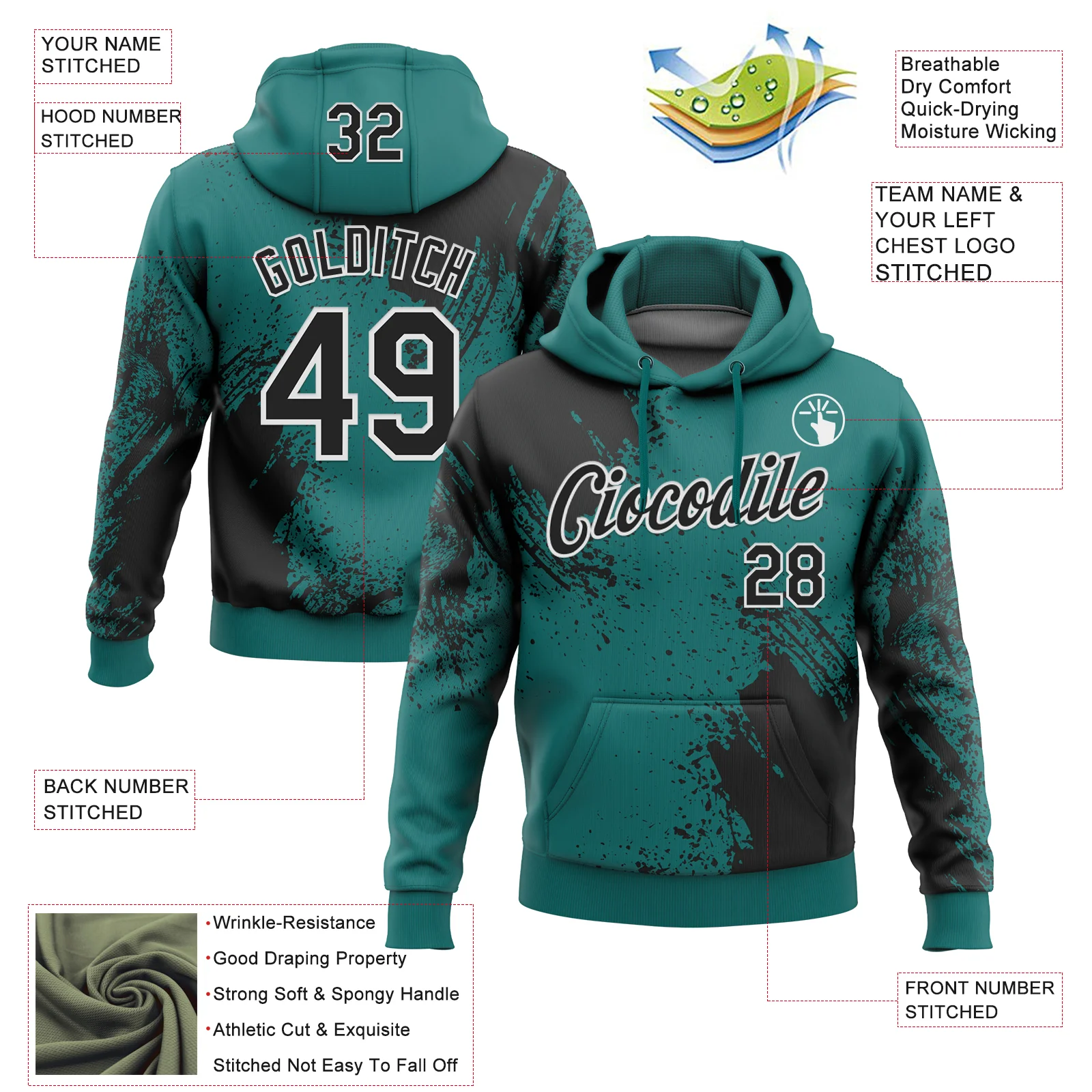 Custom Stitched Teal Black-White 3D Pattern Design Abstract Brush Stroke Sports Pullover Sweatshirt Hoodie - Image 2