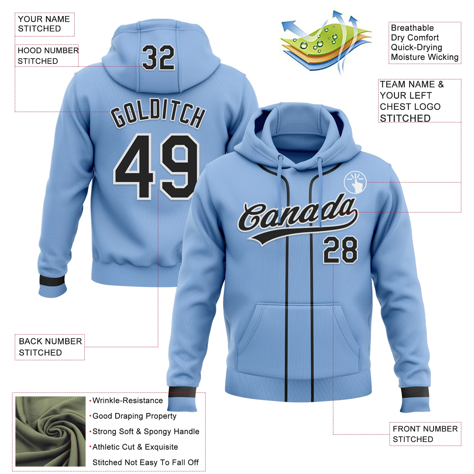 Custom Stitched Light Blue Black-White Baseball Pullover Sweatshirt Hoodie - Image 2