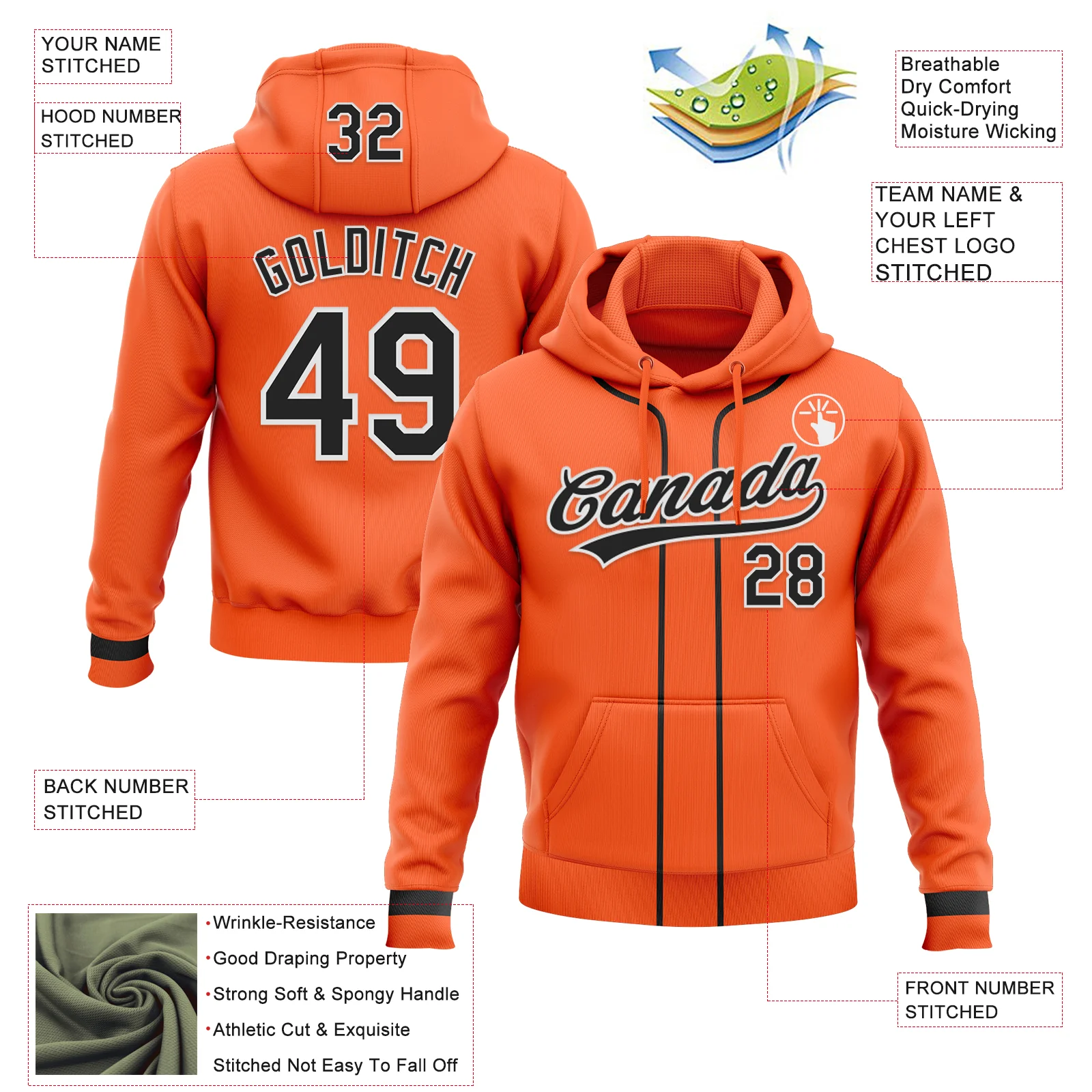 Custom Stitched Orange Black-White Baseball Pullover Sweatshirt Hoodie - Image 2