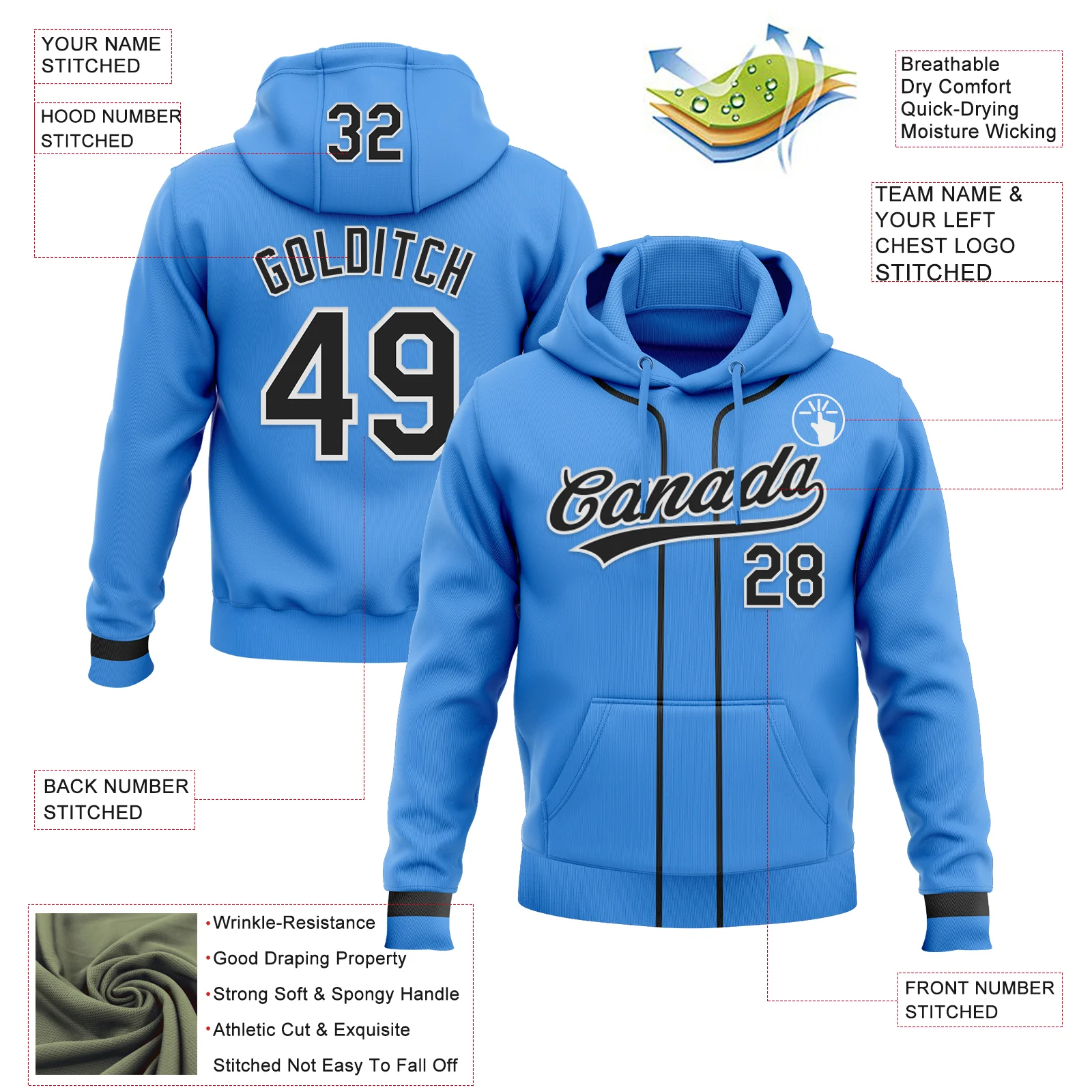 Custom Stitched Powder Blue Black-White Baseball Pullover Sweatshirt Hoodie - Image 2
