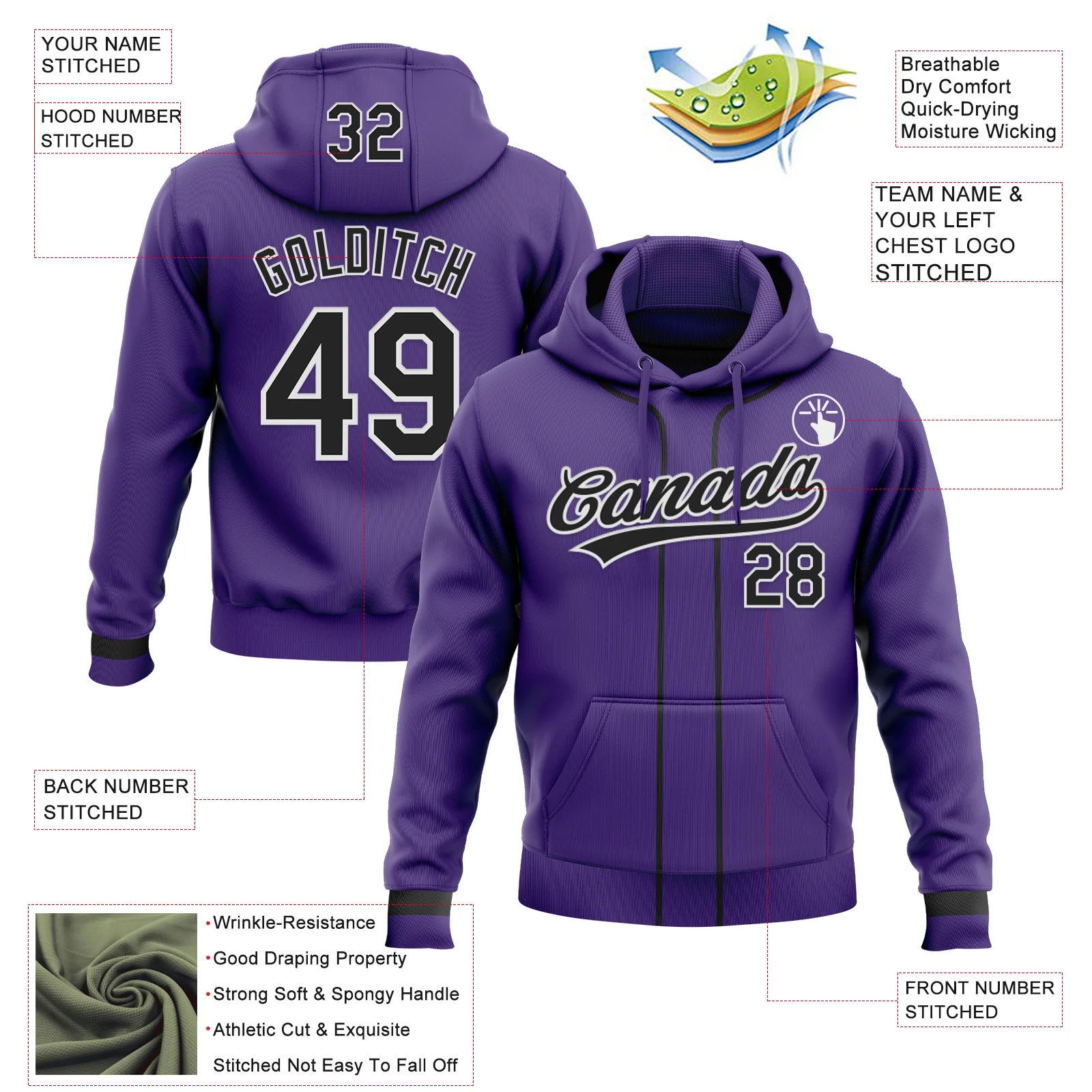 Custom Stitched Purple Black-White Baseball Pullover Sweatshirt Hoodie - Image 2
