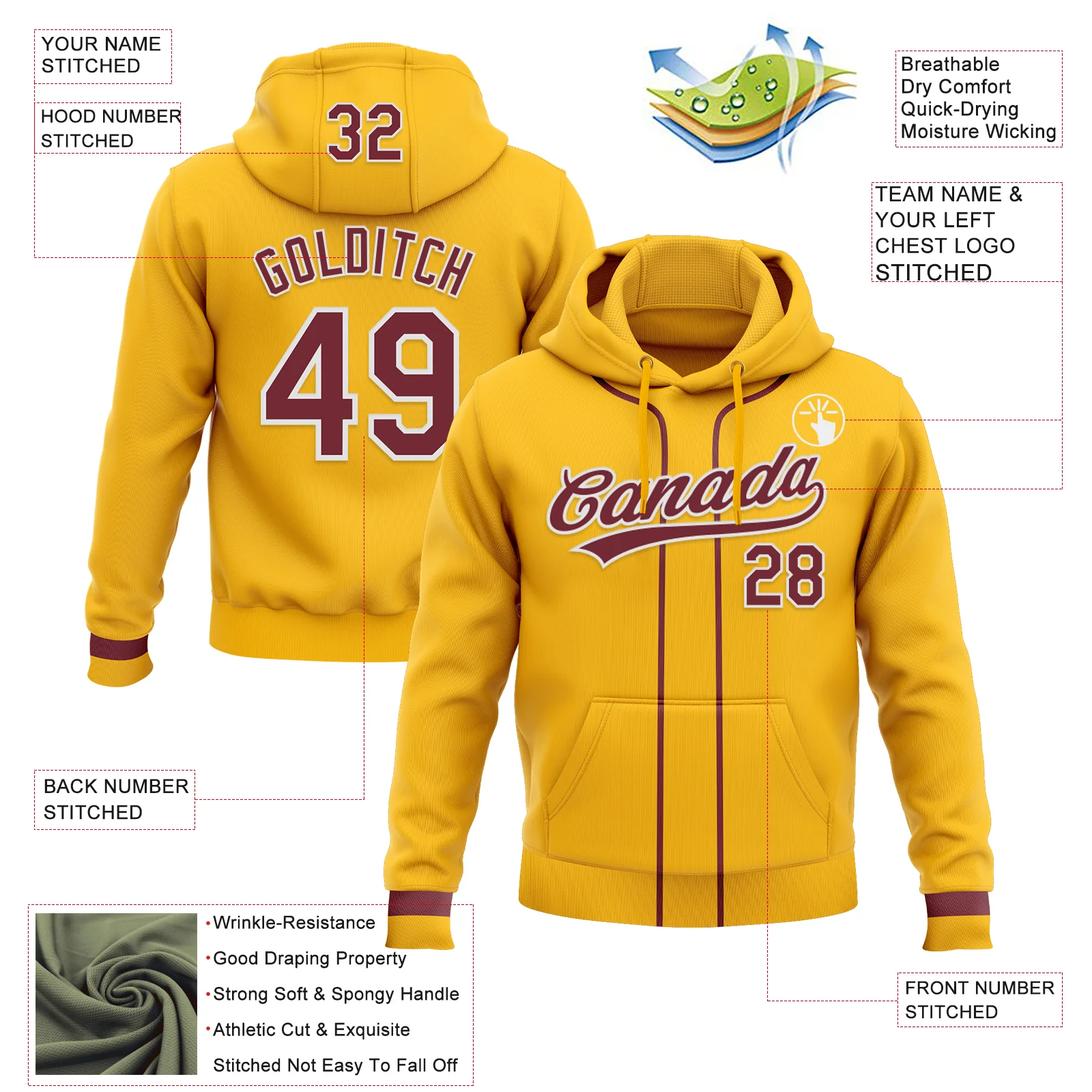 Custom Stitched Gold Burgundy-White Baseball Pullover Sweatshirt Hoodie - Image 2