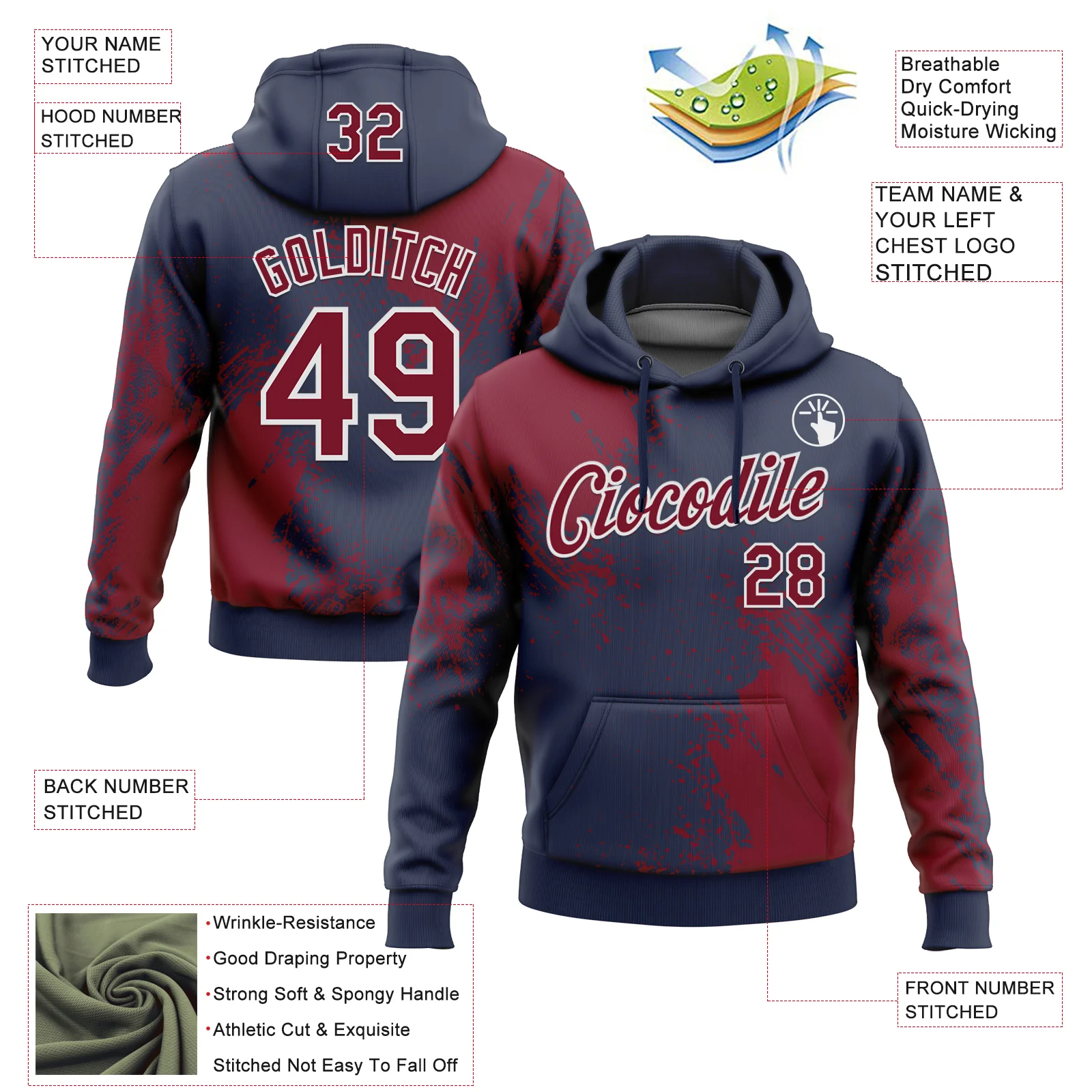 Custom Stitched Navy Crimson-White 3D Pattern Design Abstract Brush Stroke Sports Pullover Sweatshirt Hoodie - Image 2