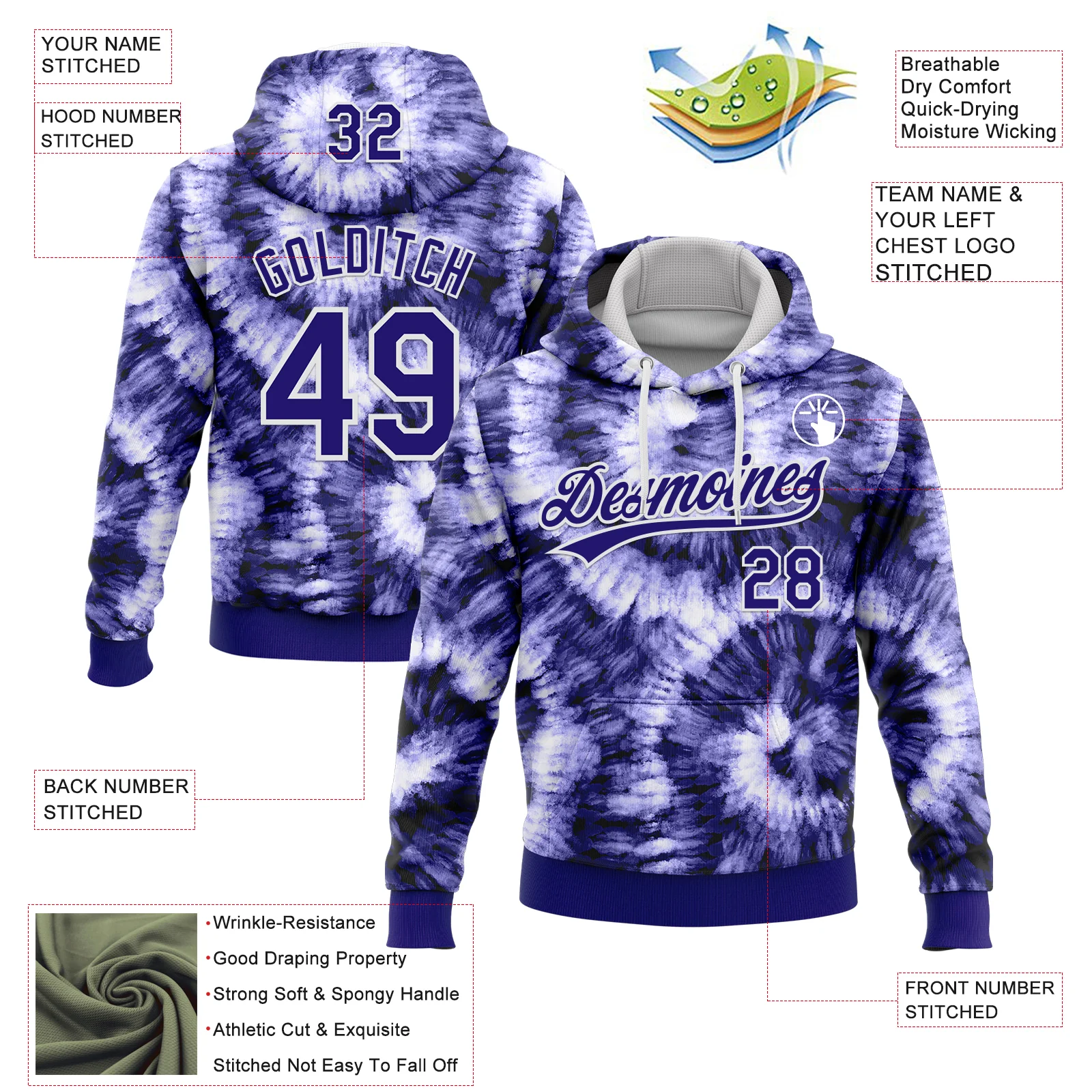 Custom Stitched Tie Dye Dark Purple-White 3D Sports Pullover Sweatshirt Hoodie - Image 2