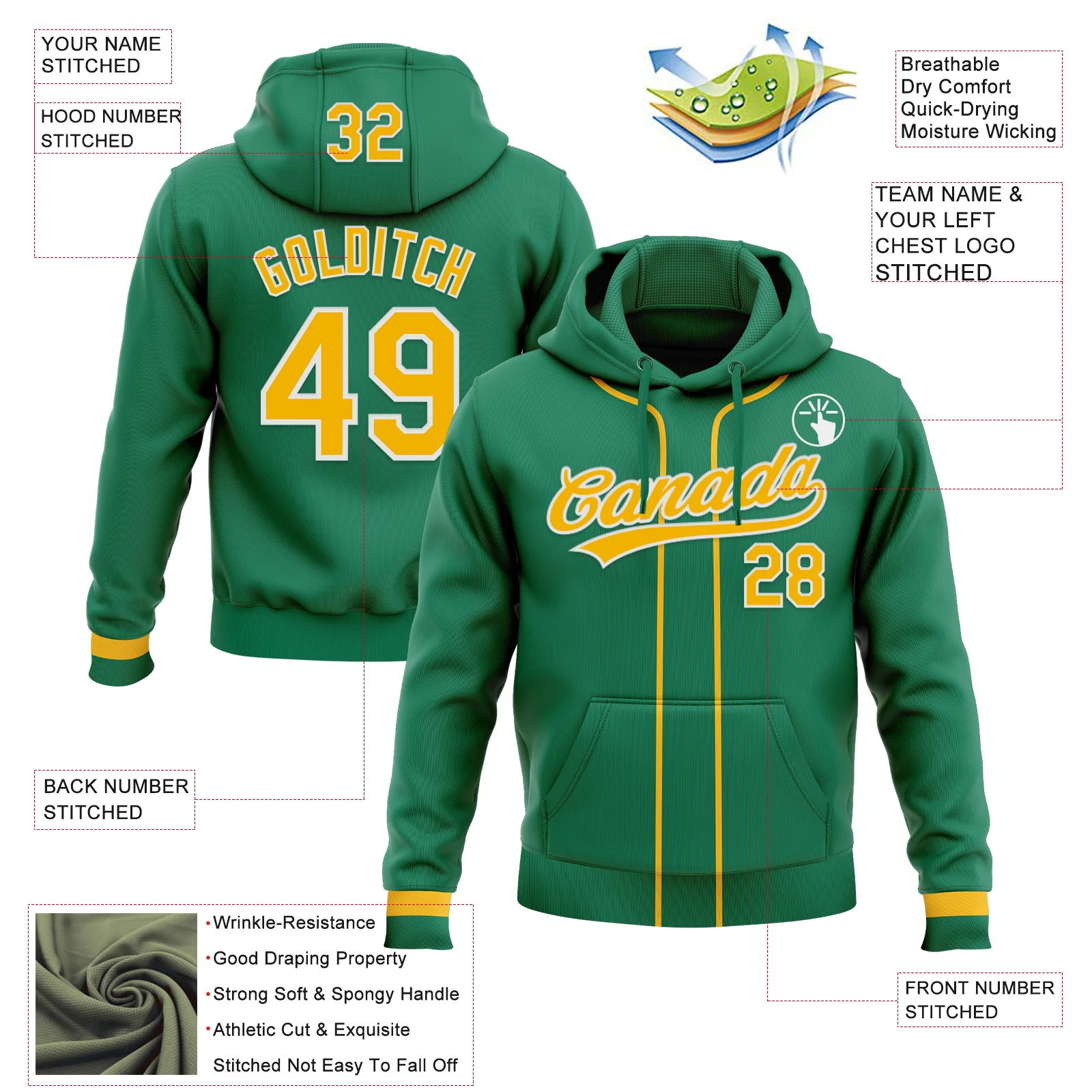 Custom Stitched Kelly Green Gold-White Baseball Pullover Sweatshirt Hoodie - Image 2
