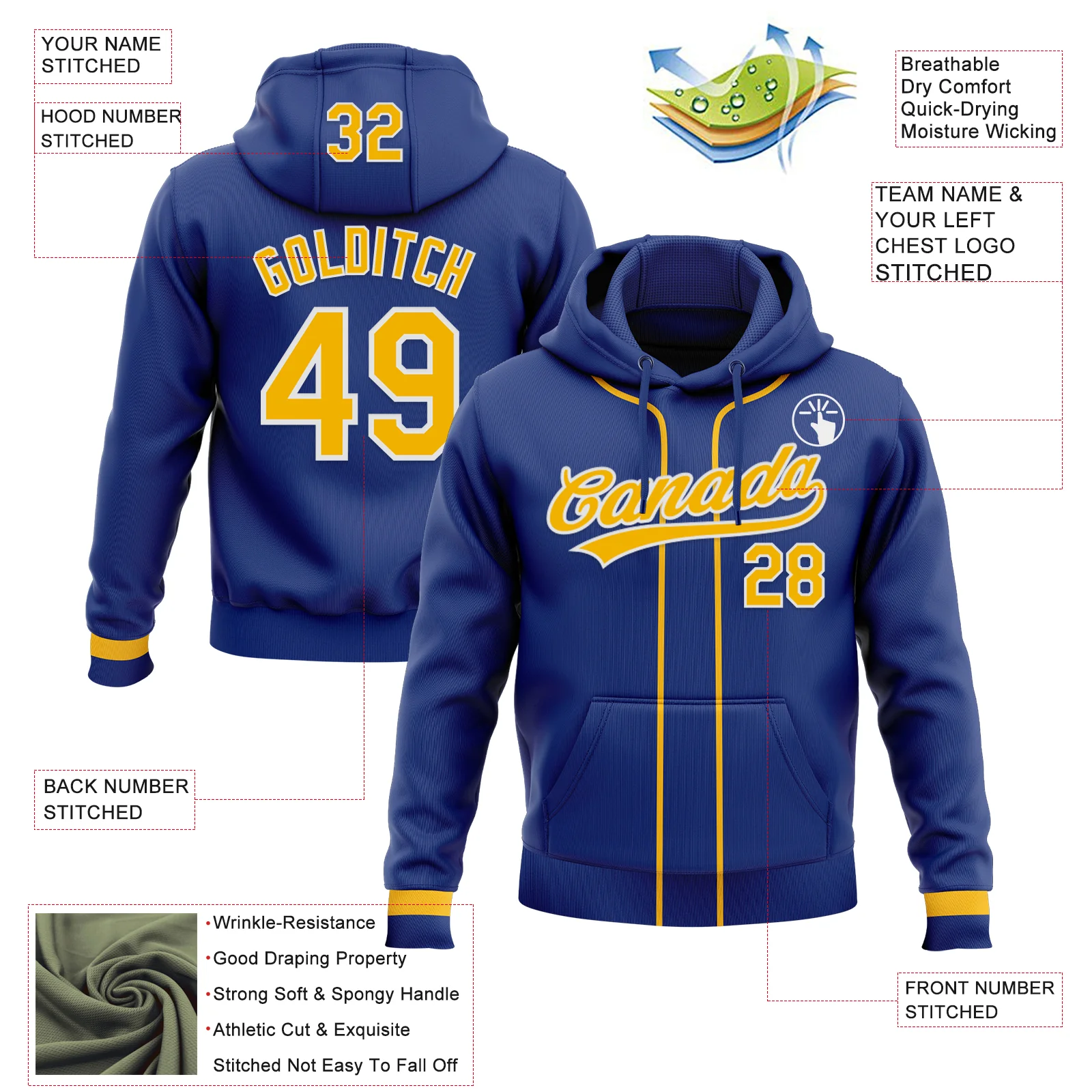 Custom Stitched Royal Gold-White Baseball Pullover Sweatshirt Hoodie - Image 2