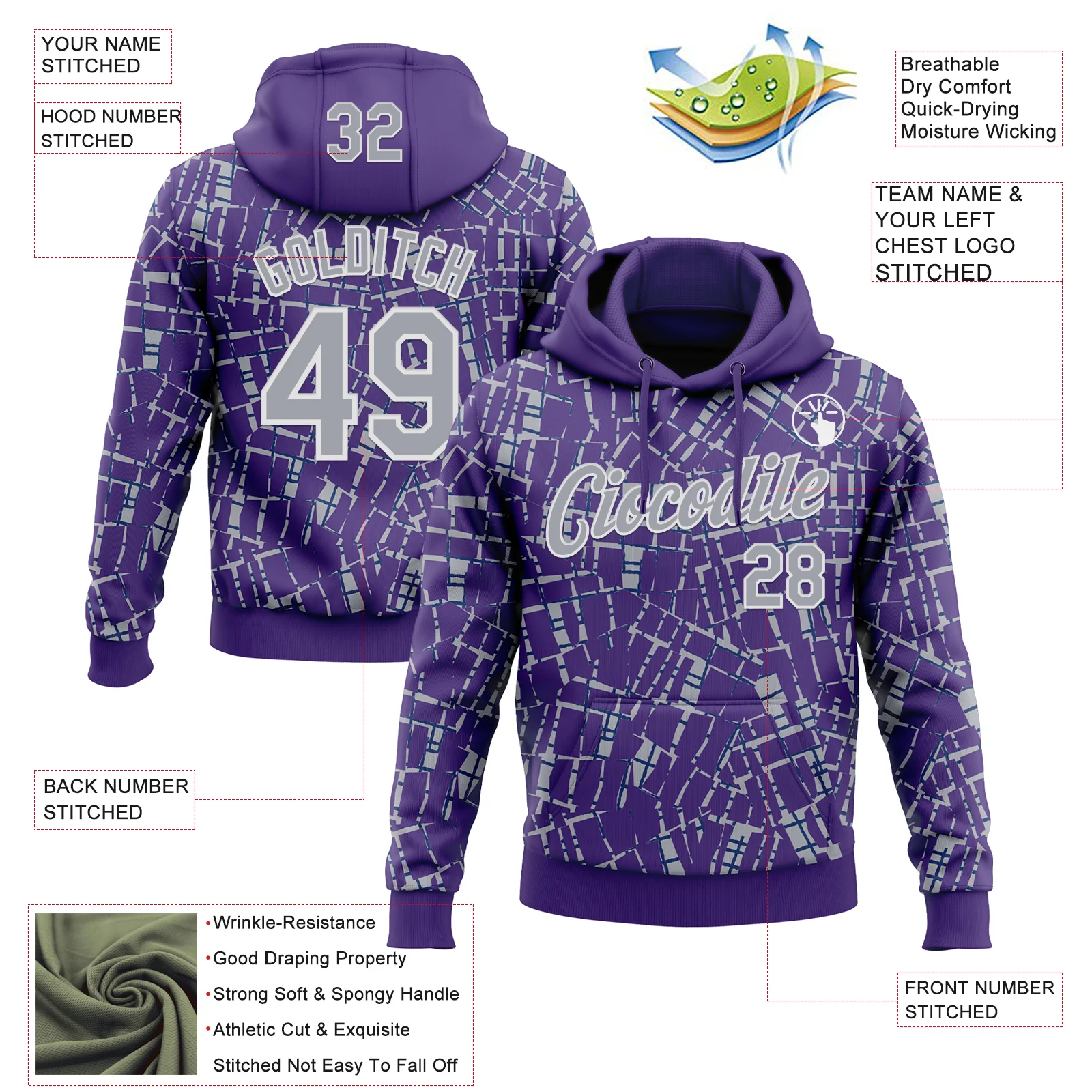 Custom Stitched Purple Gray-White 3D Pattern Design Line Sports Pullover Sweatshirt Hoodie - Image 2