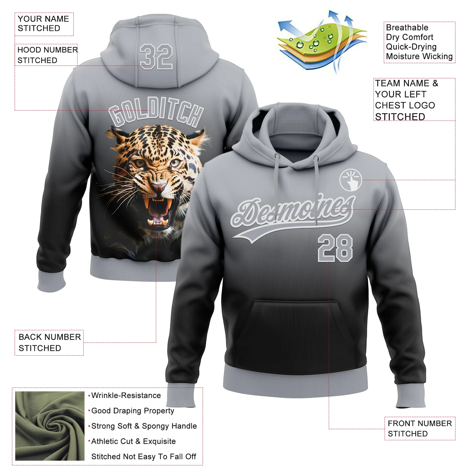 Custom Stitched Black Gray-White 3D Pattern Design Leopardo Sports Pullover Sweatshirt Hoodie - Image 2