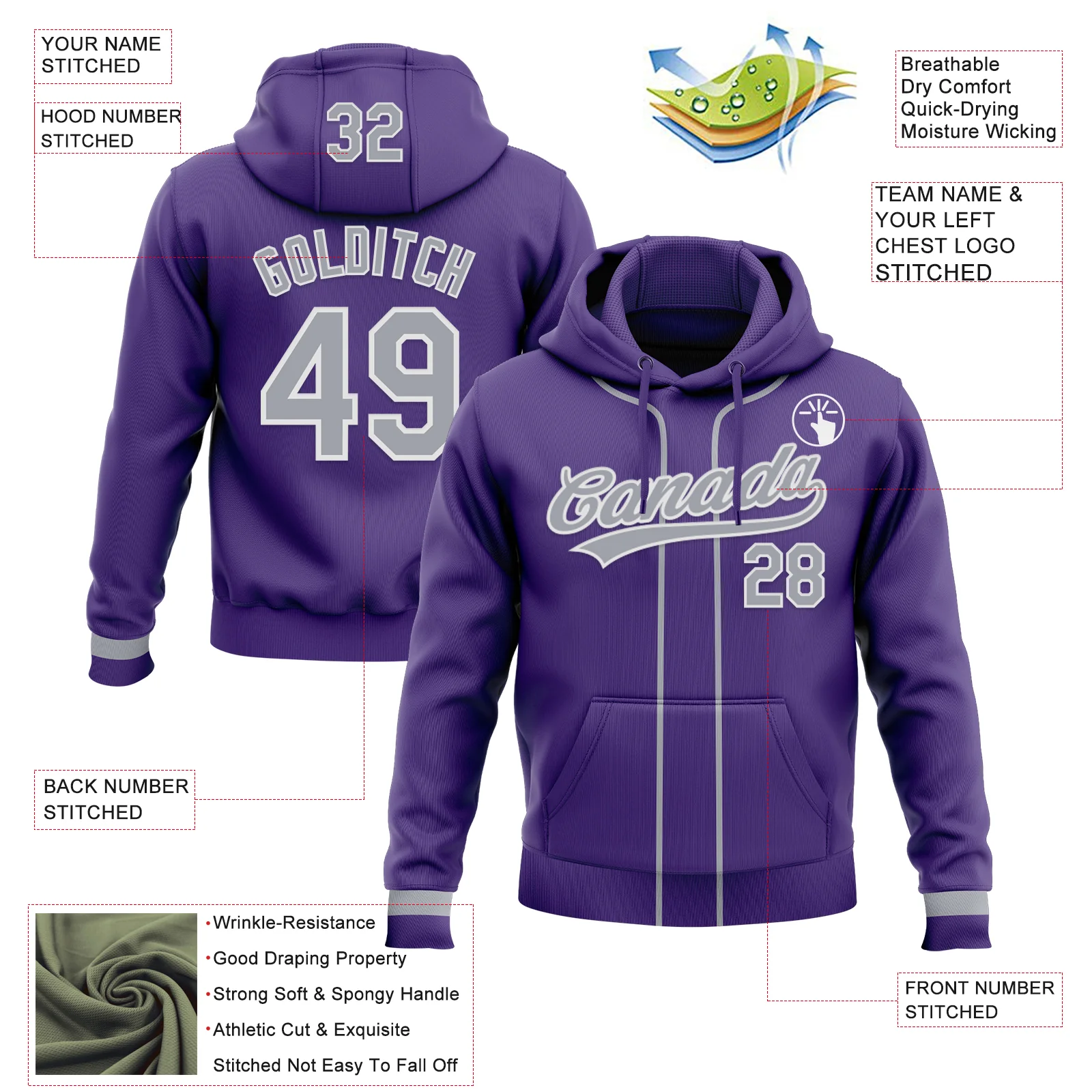 Custom Stitched Purple Gray-White Baseball Pullover Sweatshirt Hoodie - Image 2