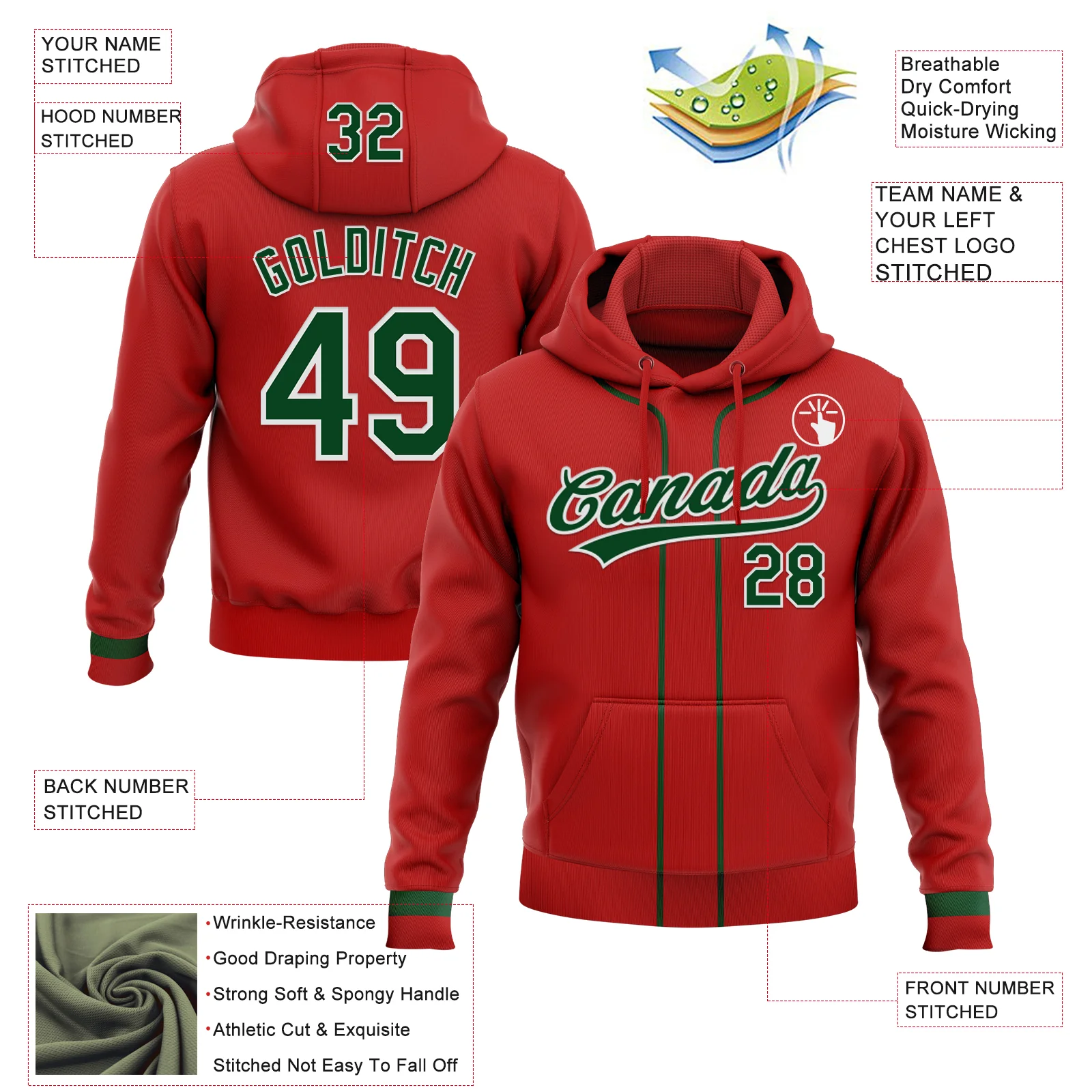 Custom Stitched Red Green-White Baseball Pullover Sweatshirt Hoodie - Image 2