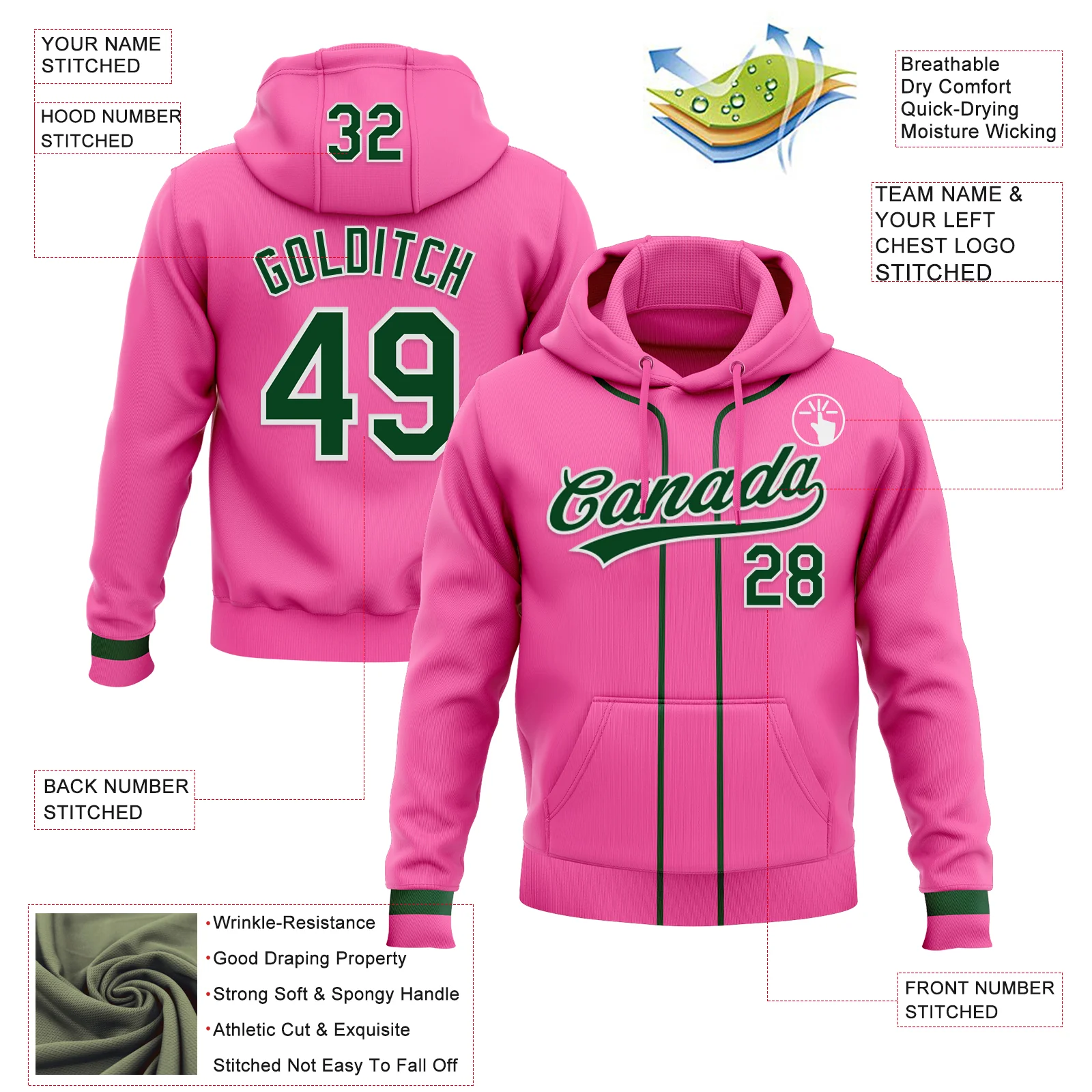 Custom Stitched Pink Green-White Baseball Pullover Sweatshirt Hoodie - Image 2