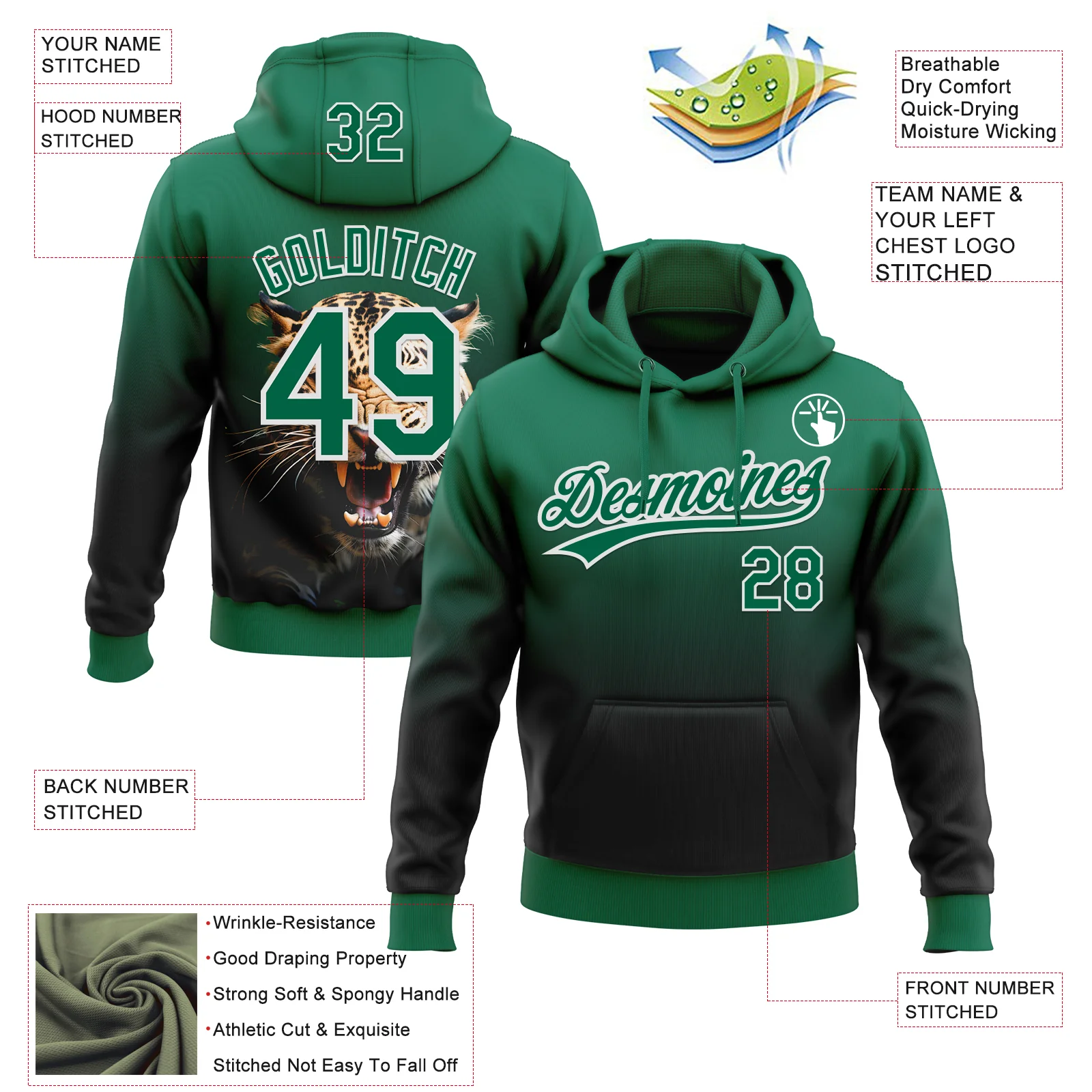 Custom Stitched Black Kelly Green-White 3D Pattern Design Leopardo Sports Pullover Sweatshirt Hoodie - Image 2
