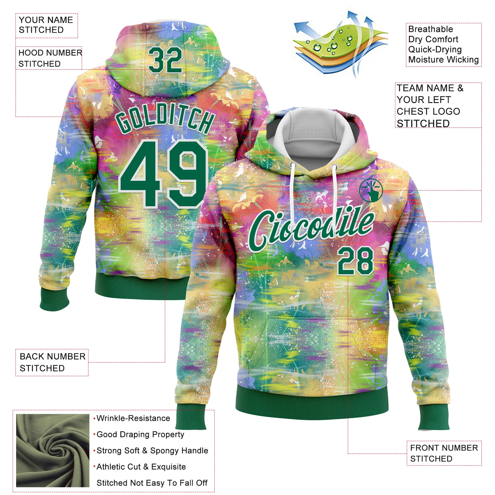 Custom Stitched Graffiti Pattern Kelly Green-White 3D Watercolor Grunge Art Sports Pullover Sweatshirt Hoodie - Image 2