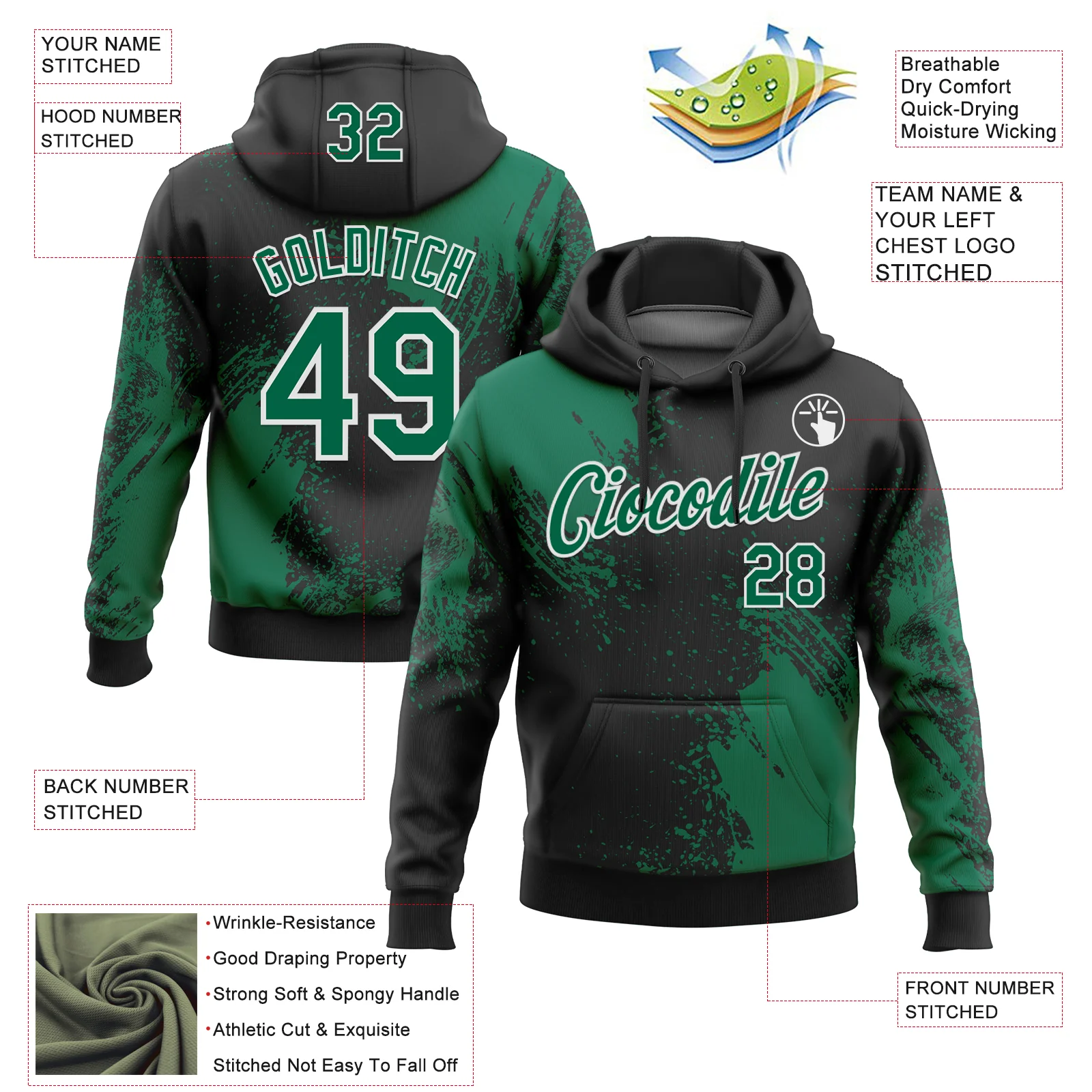 Custom Stitched Black Kelly Green-White 3D Pattern Design Abstract Brush Stroke Sports Pullover Sweatshirt Hoodie - Image 2