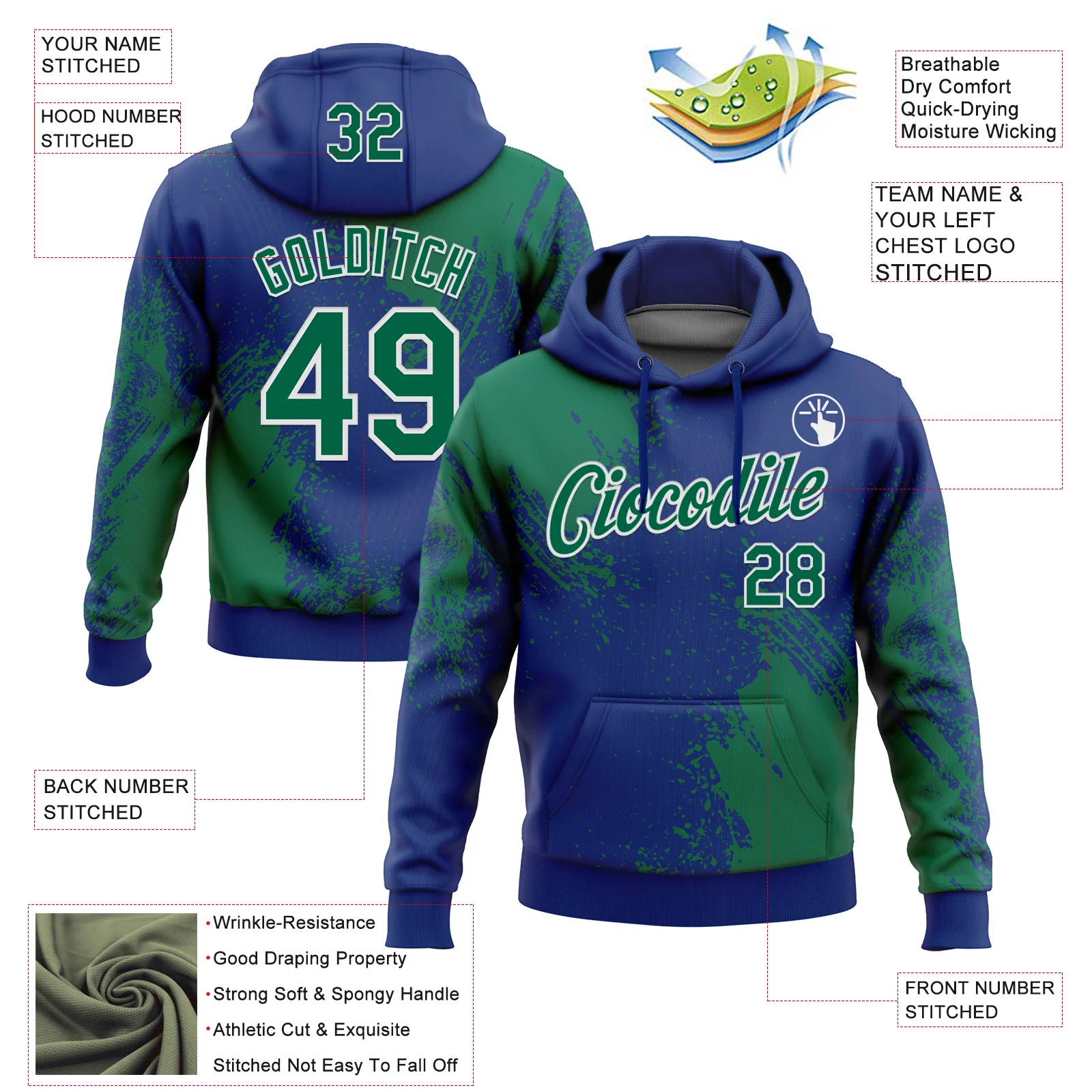 Custom Stitched Royal Kelly Green-White 3D Pattern Design Abstract Brush Stroke Sports Pullover Sweatshirt Hoodie - Image 2
