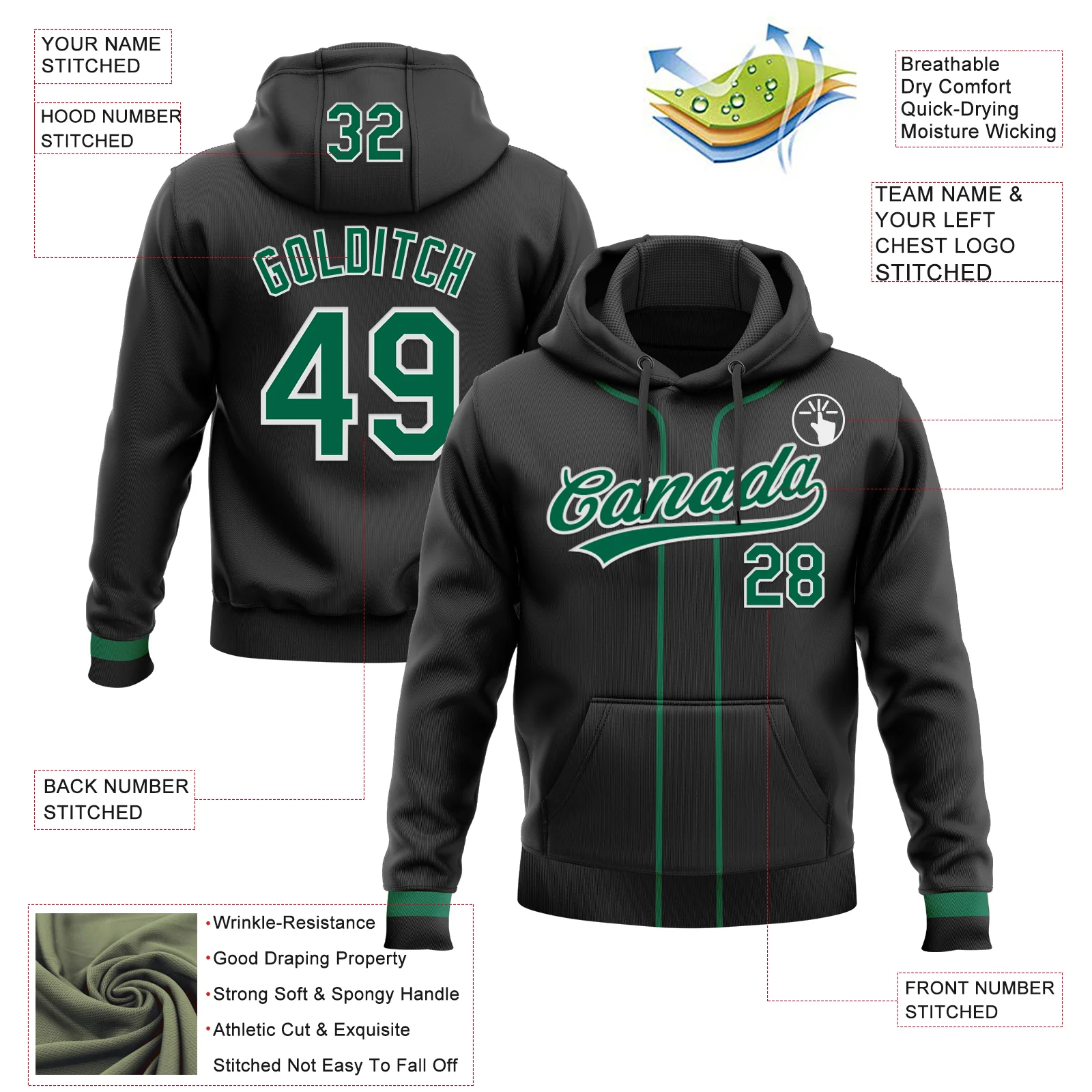 Custom Stitched Black Kelly Green-White Baseball Pullover Sweatshirt Hoodie - Image 2