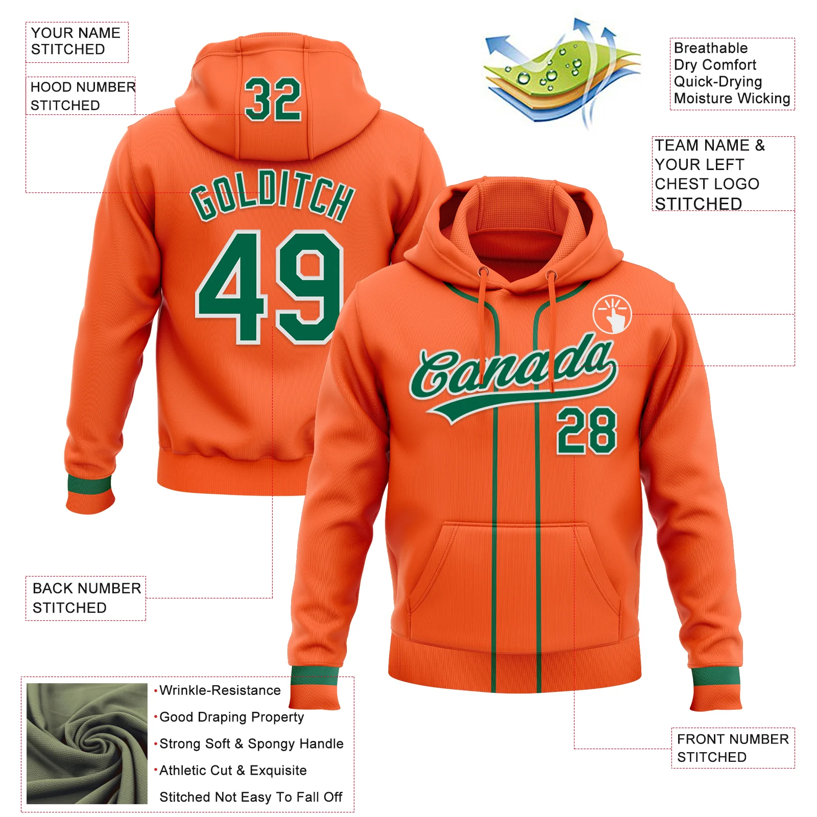 Custom Stitched Orange Kelly Green-White Baseball Pullover Sweatshirt Hoodie - Image 2
