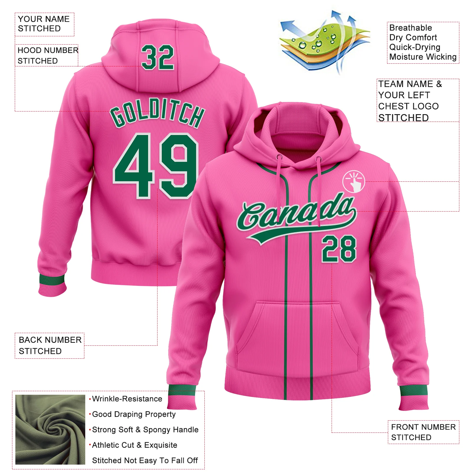 Custom Stitched Pink Kelly Green-White Baseball Pullover Sweatshirt Hoodie - Image 2