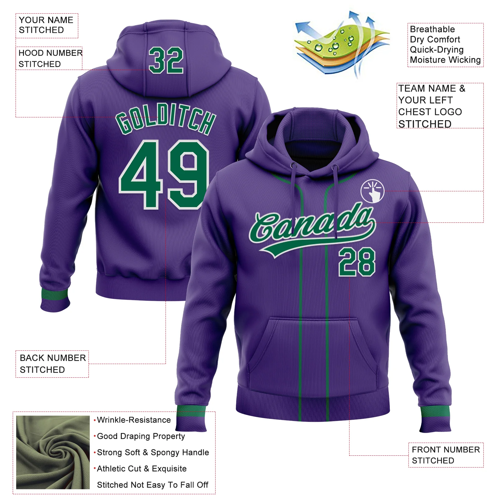 Custom Stitched Purple Kelly Green-White Baseball Pullover Sweatshirt Hoodie - Image 2