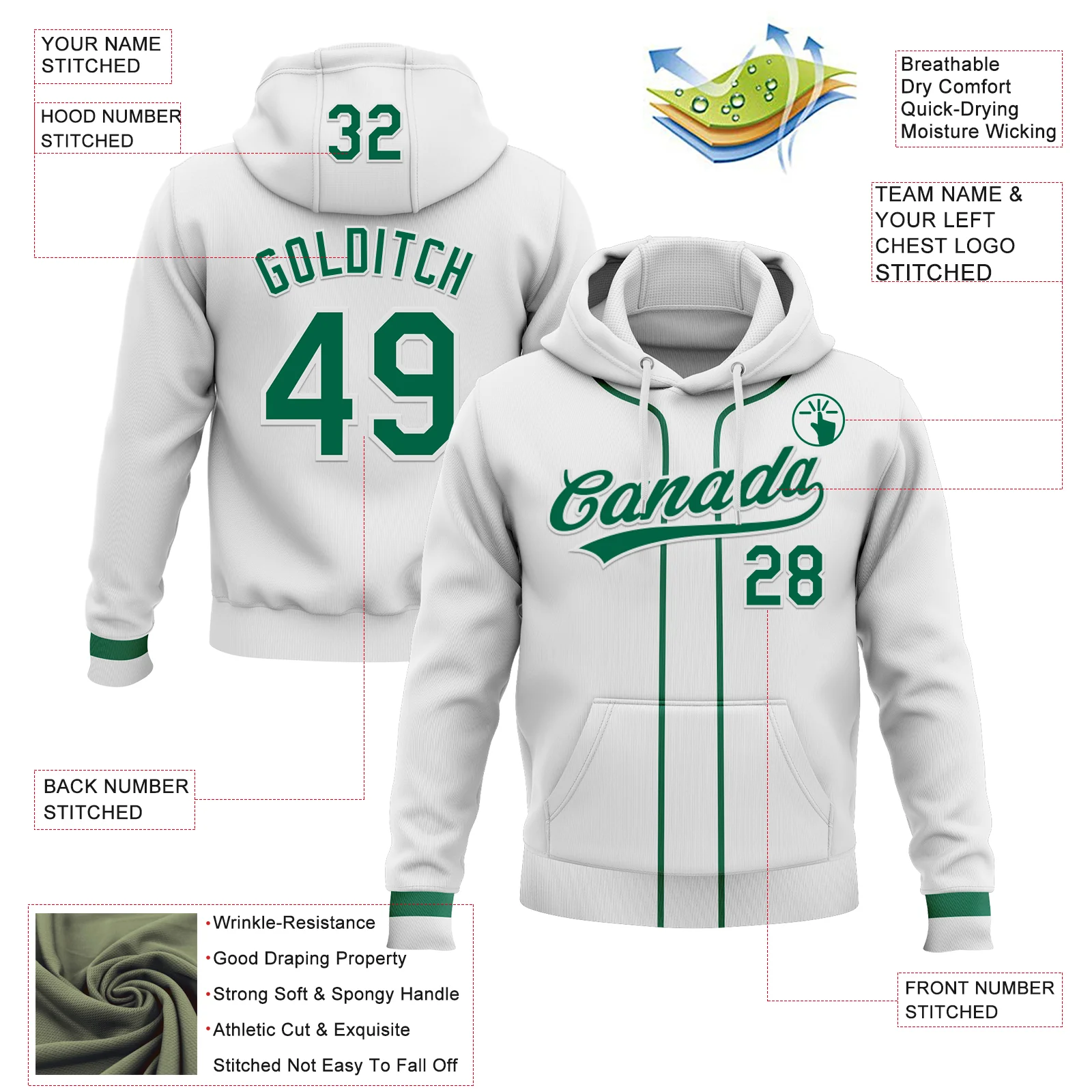 Custom Stitched White Kelly Green-White Baseball Pullover Sweatshirt Hoodie - Image 2
