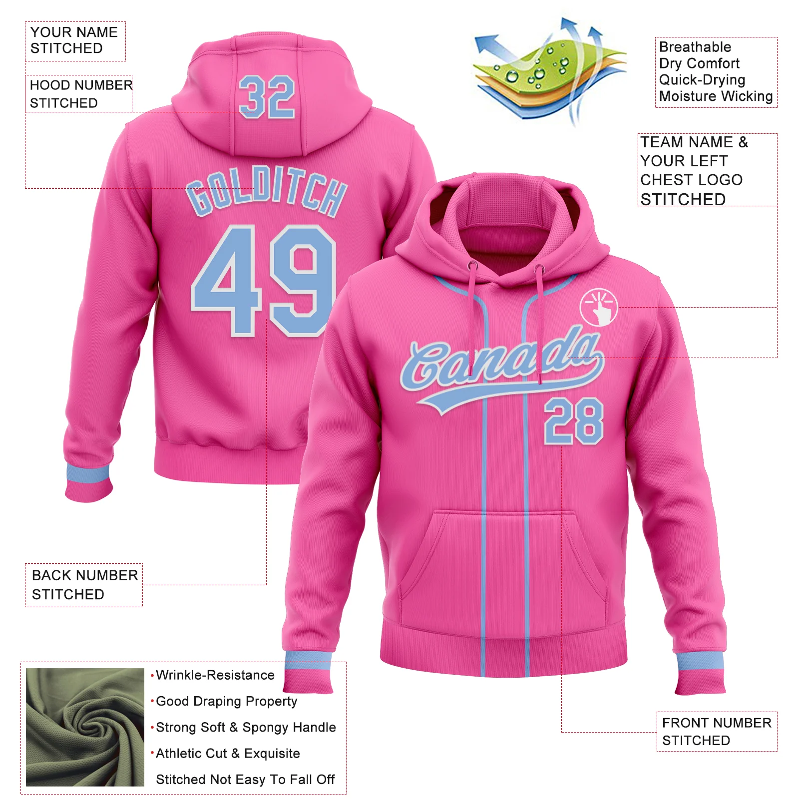 Custom Stitched Pink Light Blue-White Baseball Pullover Sweatshirt Hoodie - Image 2