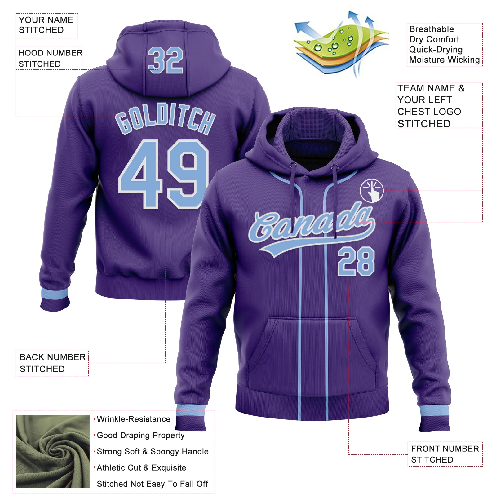 Custom Stitched Purple Light Blue-White Baseball Pullover Sweatshirt Hoodie - Image 2