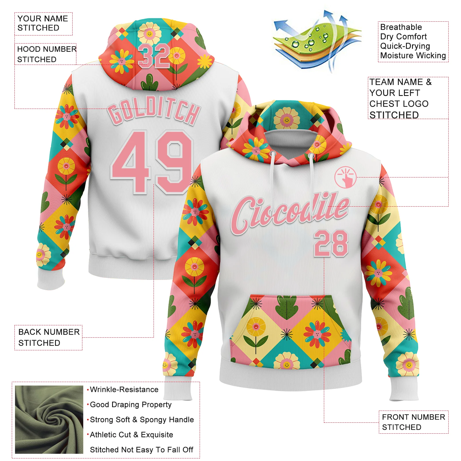 Custom Stitched White Medium Pink 3D Ambartive Checkered Flower Pattern Sports Pullover Sweatshirt Hoodie - Image 2