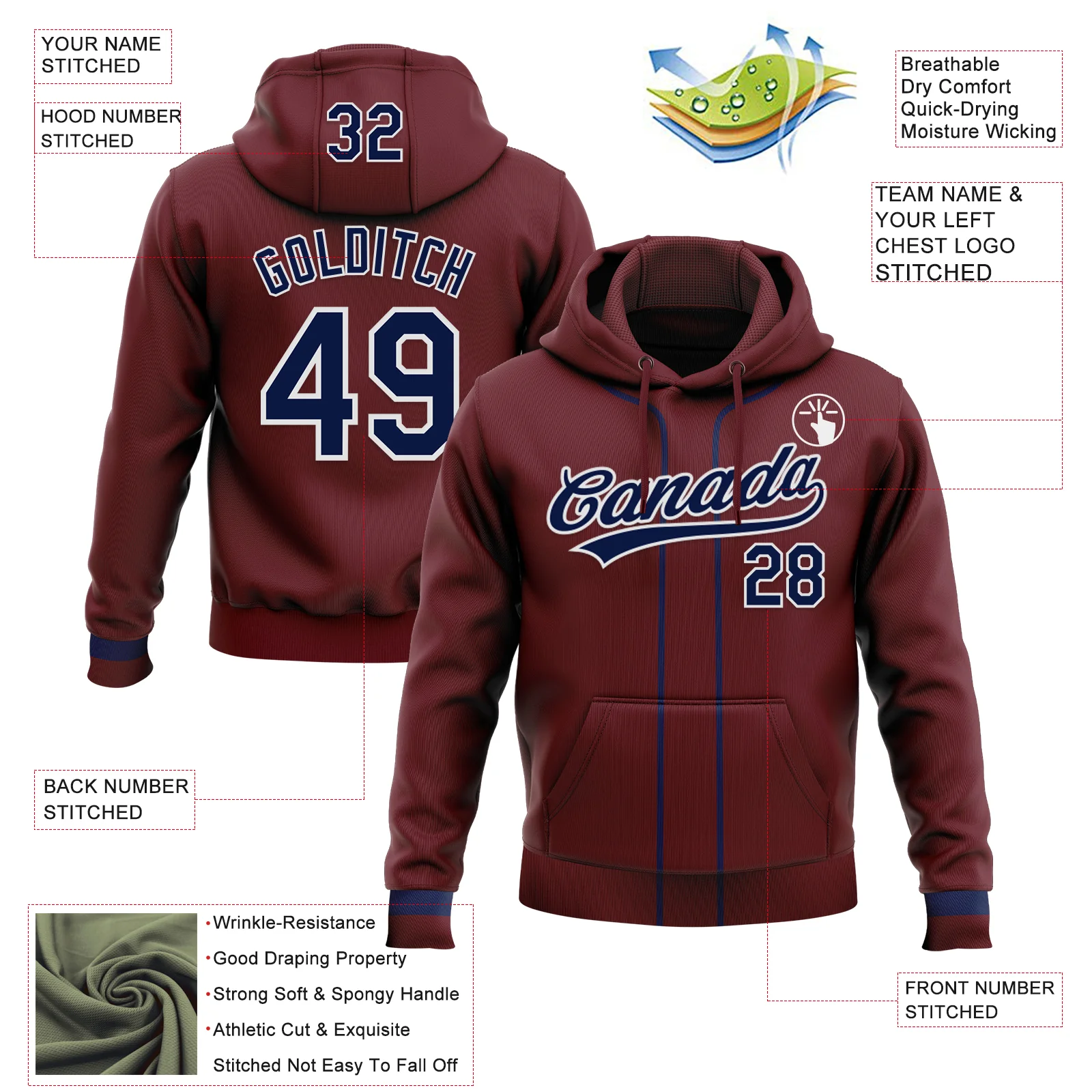 Custom Stitched Burgundy Navy-White Baseball Pullover Sweatshirt Hoodie - Image 2