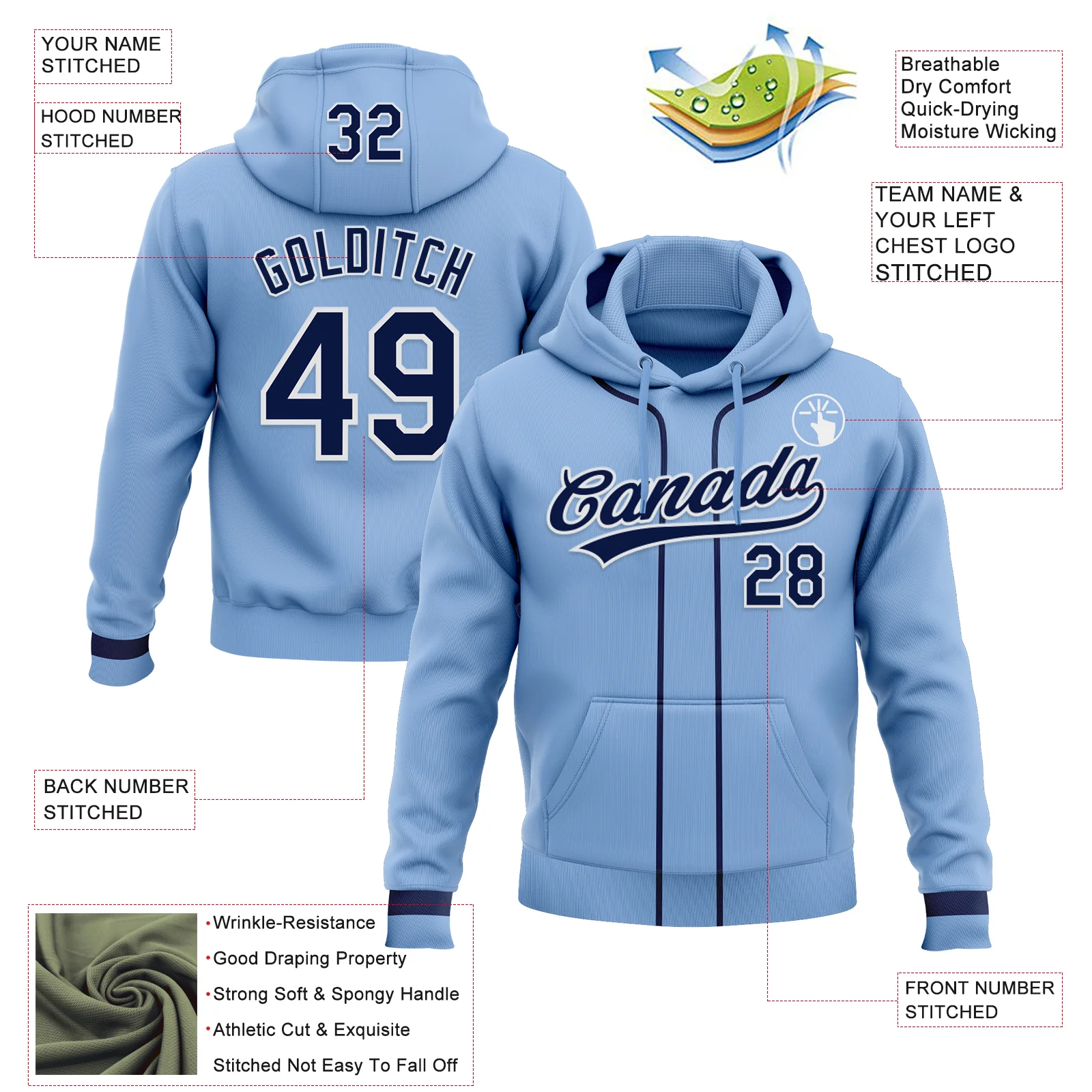 Custom Stitched Light Blue Navy-White Baseball Pullover Sweatshirt Hoodie - Image 2