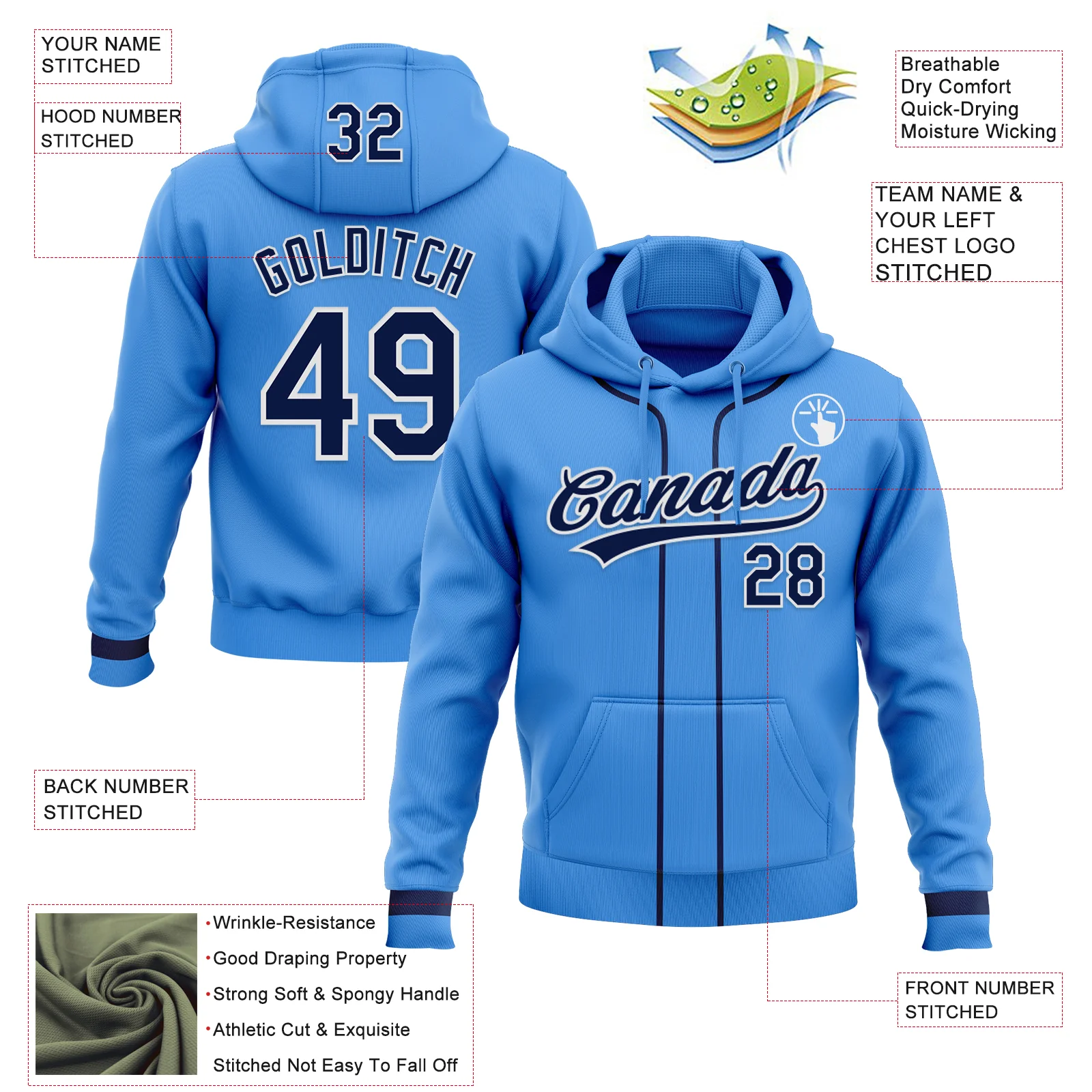 Custom Stitched Powder Blue Navy-White Baseball Pullover Sweatshirt Hoodie - Image 2