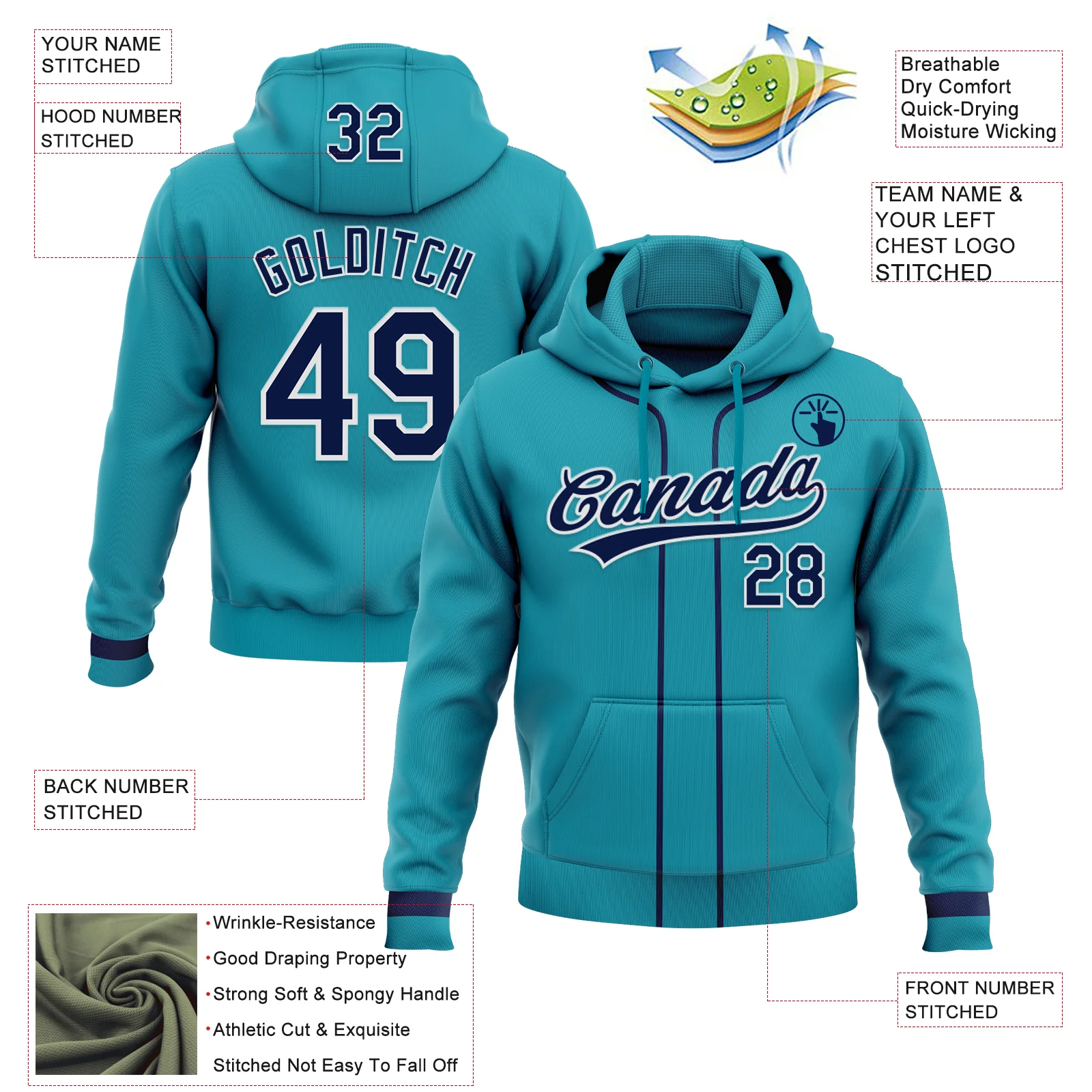 Custom Stitched Teal Navy-White Baseball Pullover Sweatshirt Hoodie - Image 2