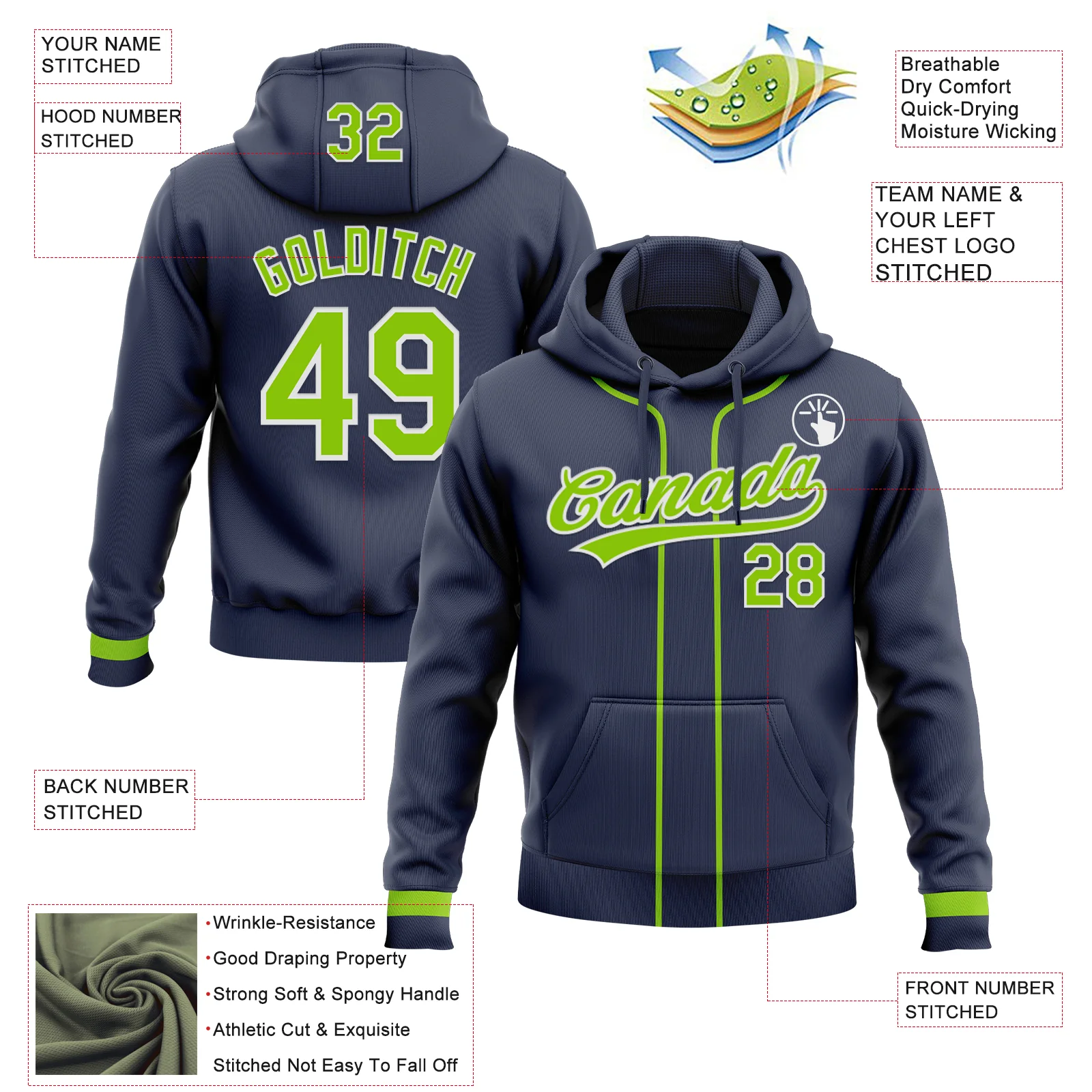 Custom Stitched Navy Neon Green-White Baseball Pullover Sweatshirt Hoodie - Image 2