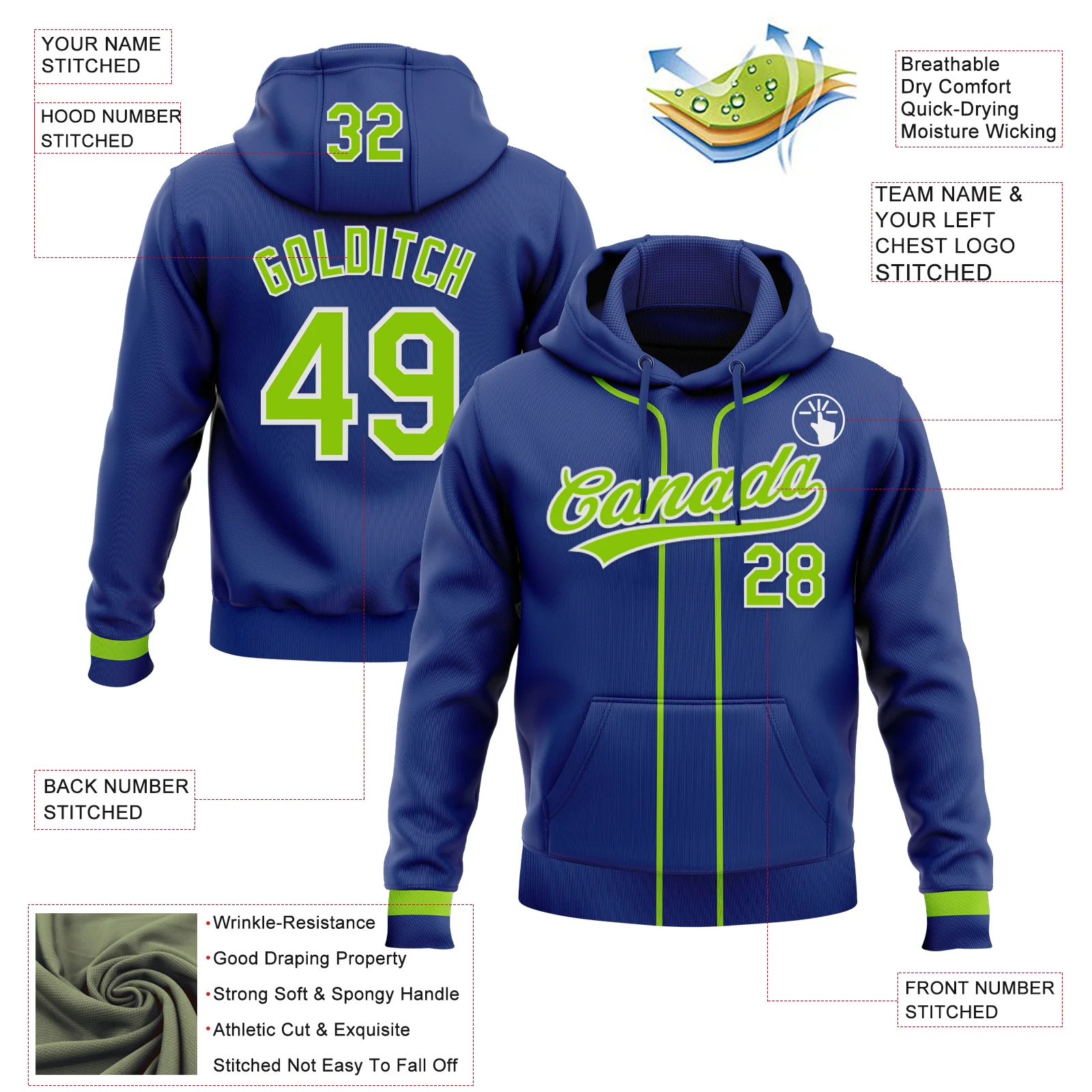 Custom Stitched Royal Neon Green-White Baseball Pullover Sweatshirt Hoodie - Image 2