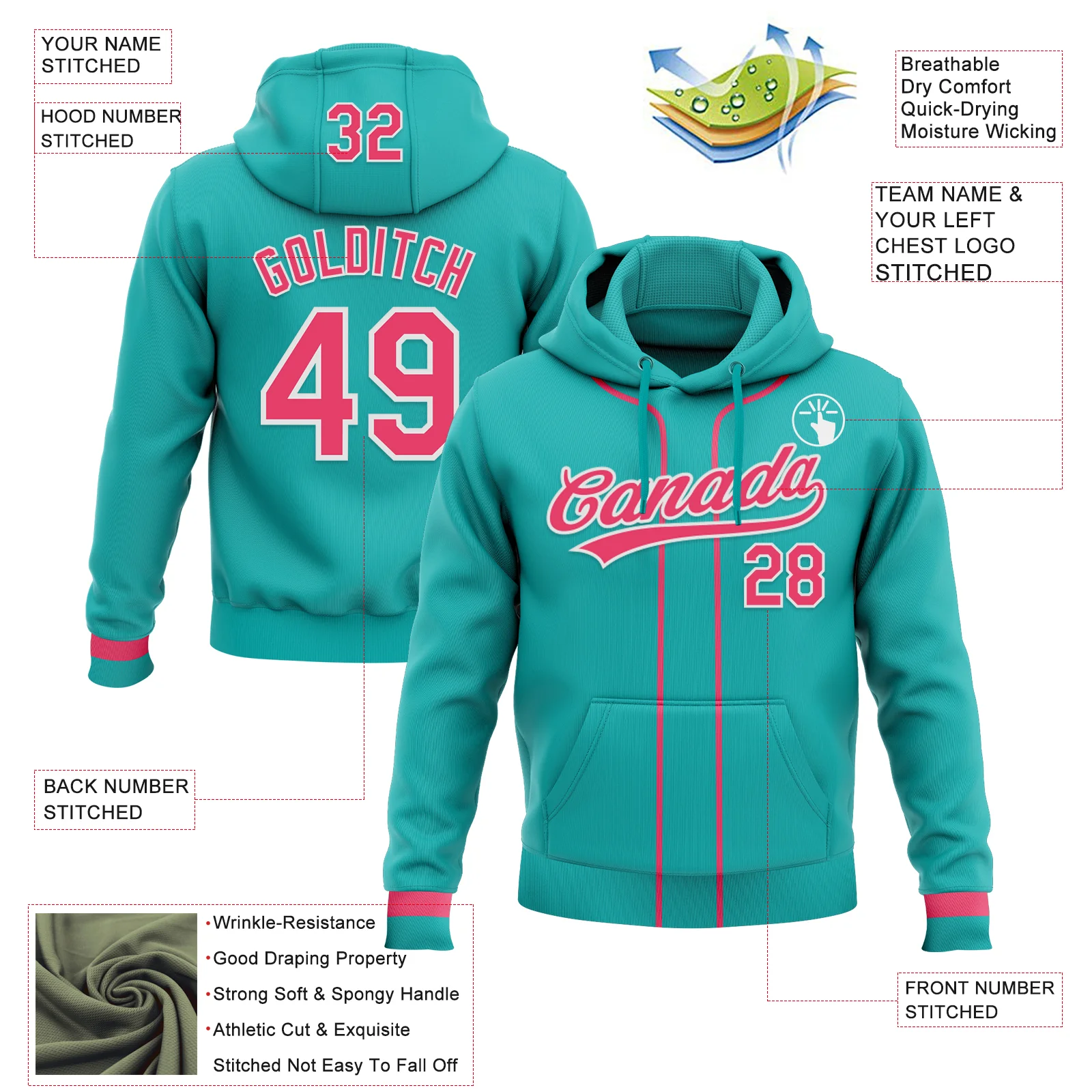 Custom Stitched Aqua Neon Pink-White Baseball Pullover Sweatshirt Hoodie - Image 2