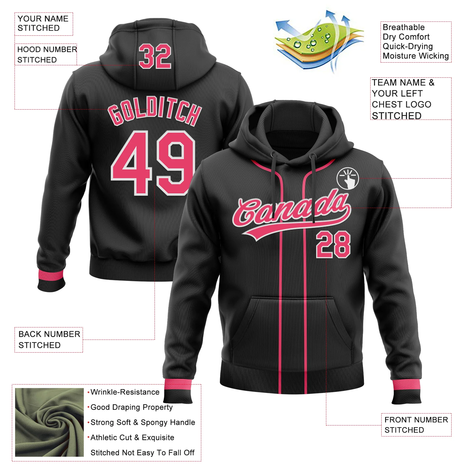Custom Stitched Black Neon Pink-White Baseball Pullover Sweatshirt Hoodie - Image 2