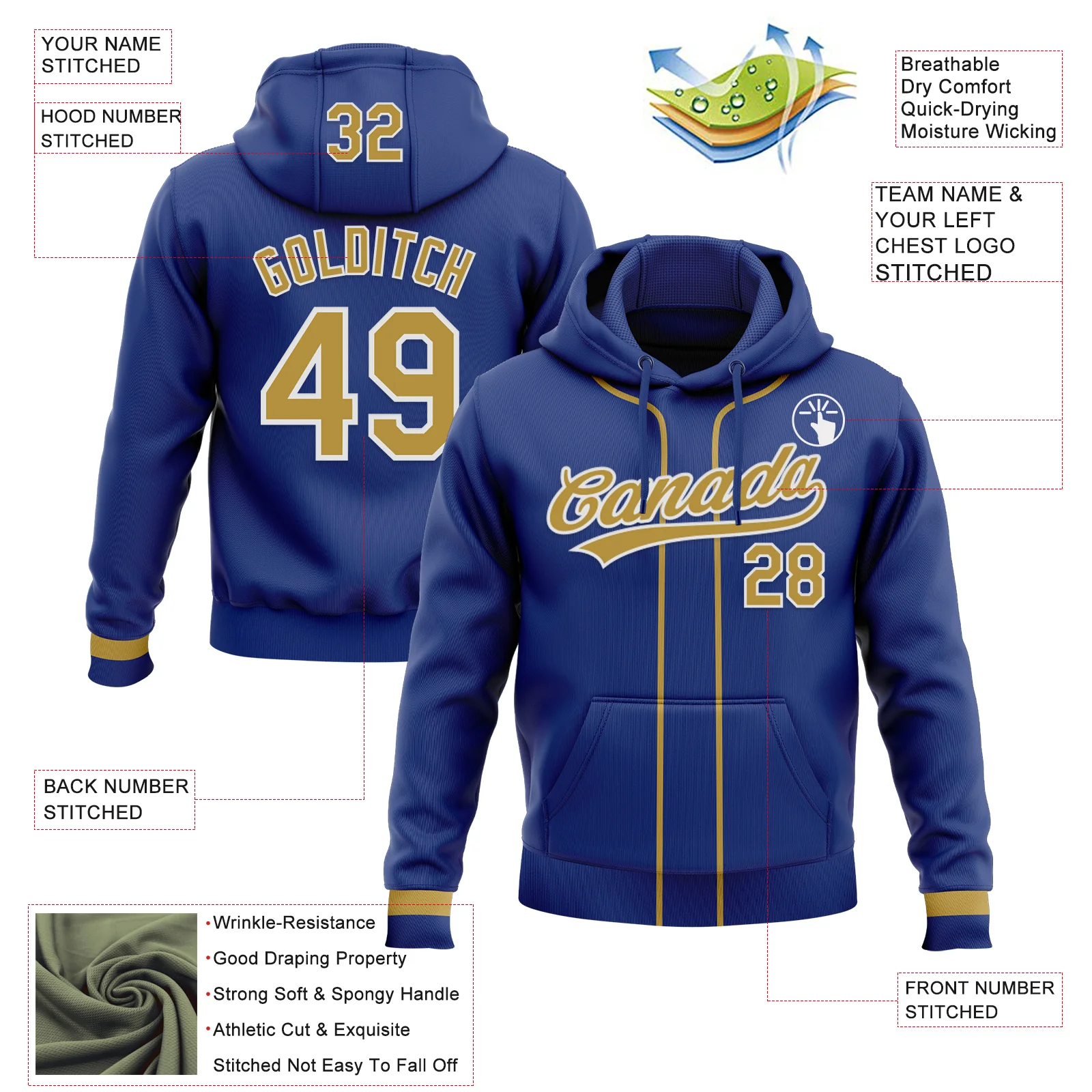 Custom Stitched Royal Old Gold-White Baseball Pullover Sweatshirt Hoodie - Image 2