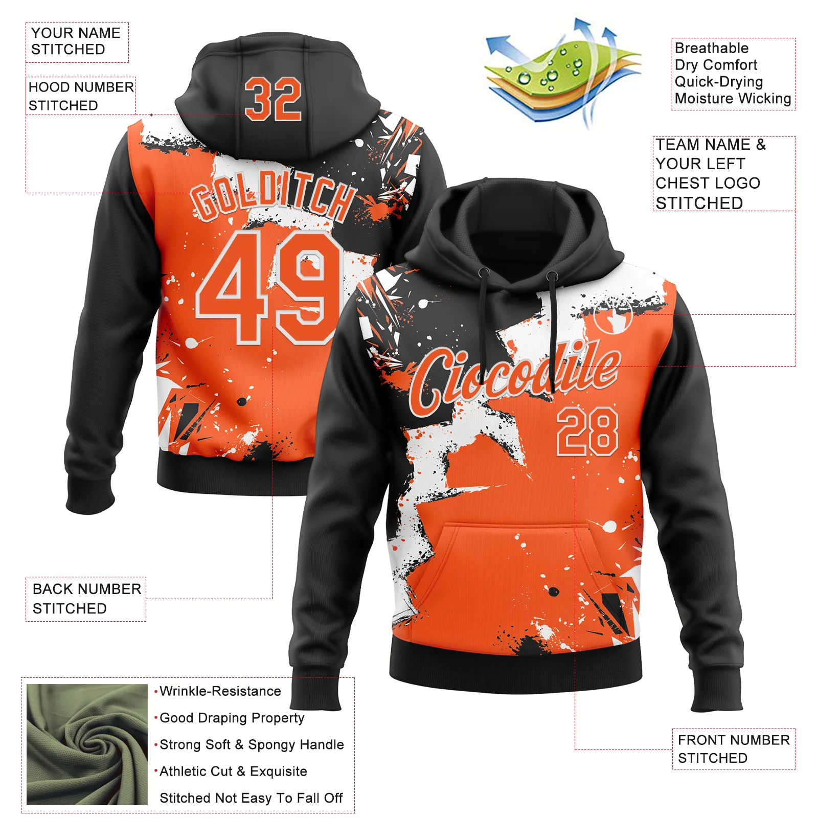 Custom Stitched Black Orange-White 3D Pattern Design Splash Torn Paper Style Sports Pullover Sweatshirt Hoodie - Image 2