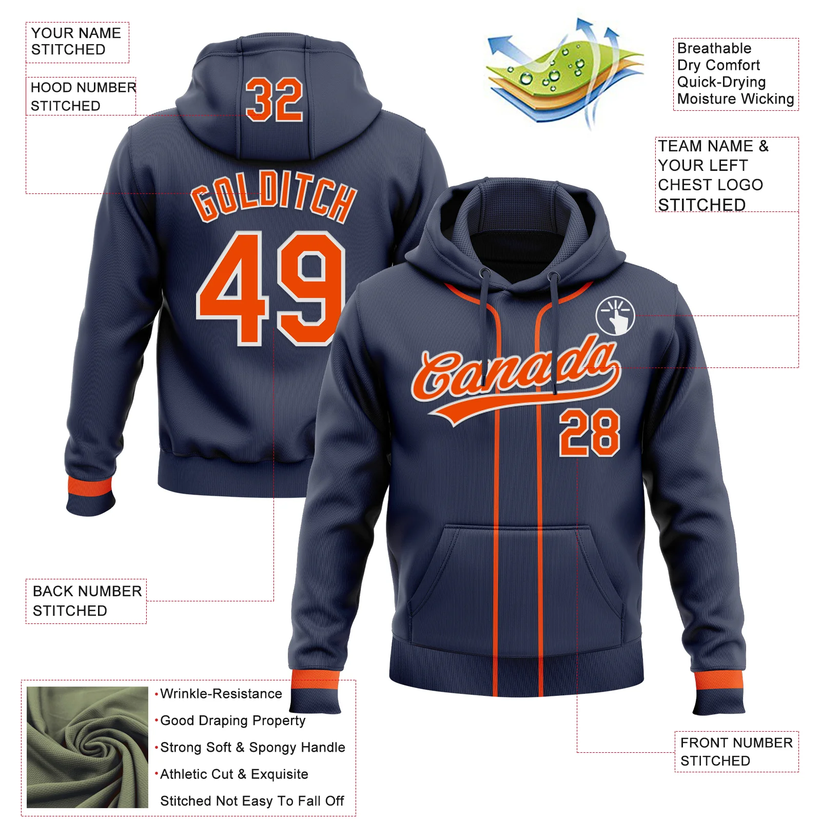 Custom Stitched Navy Orange-White Baseball Pullover Sweatshirt Hoodie - Image 2