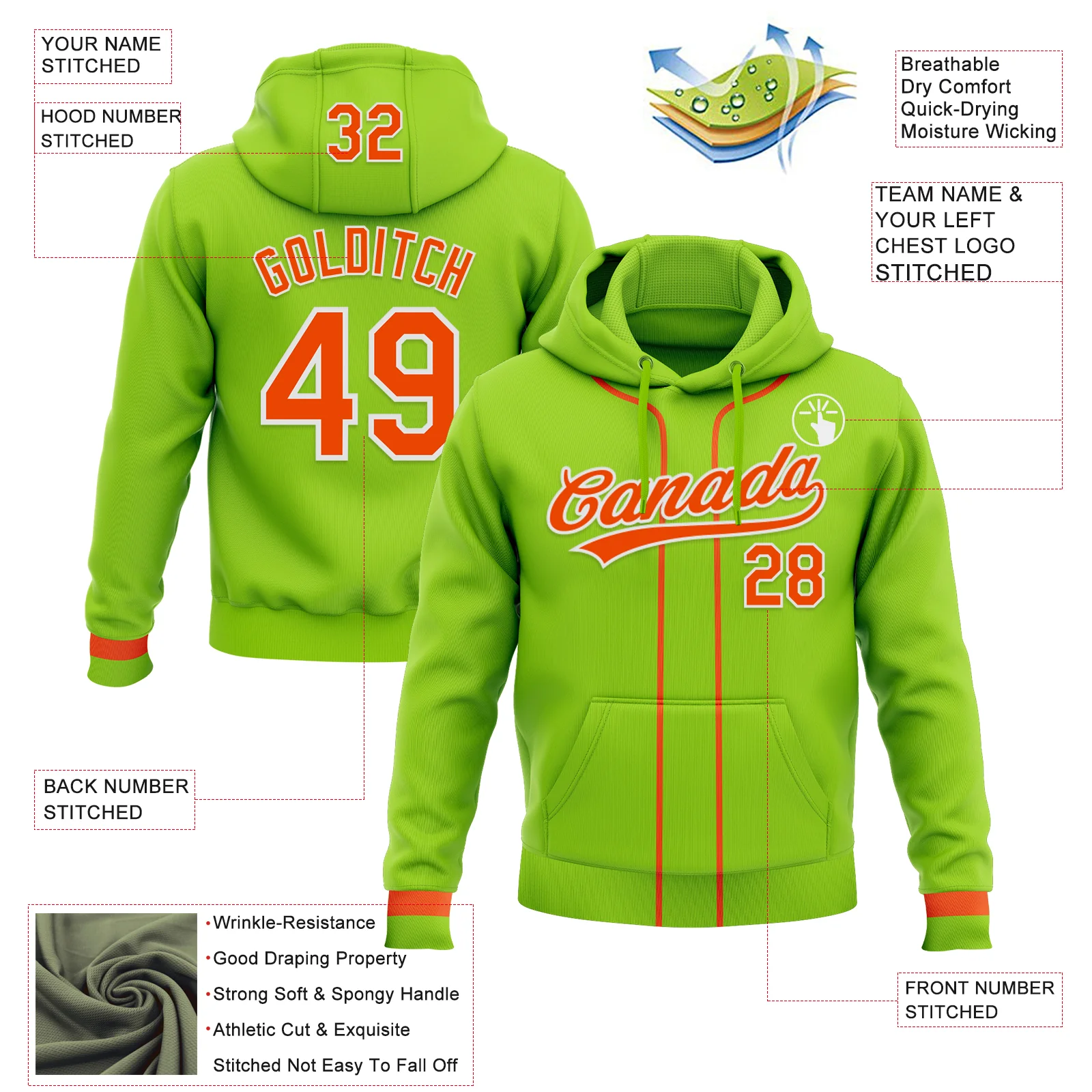 Custom Stitched Neon Green Orange-White Baseball Pullover Sweatshirt Hoodie - Image 2