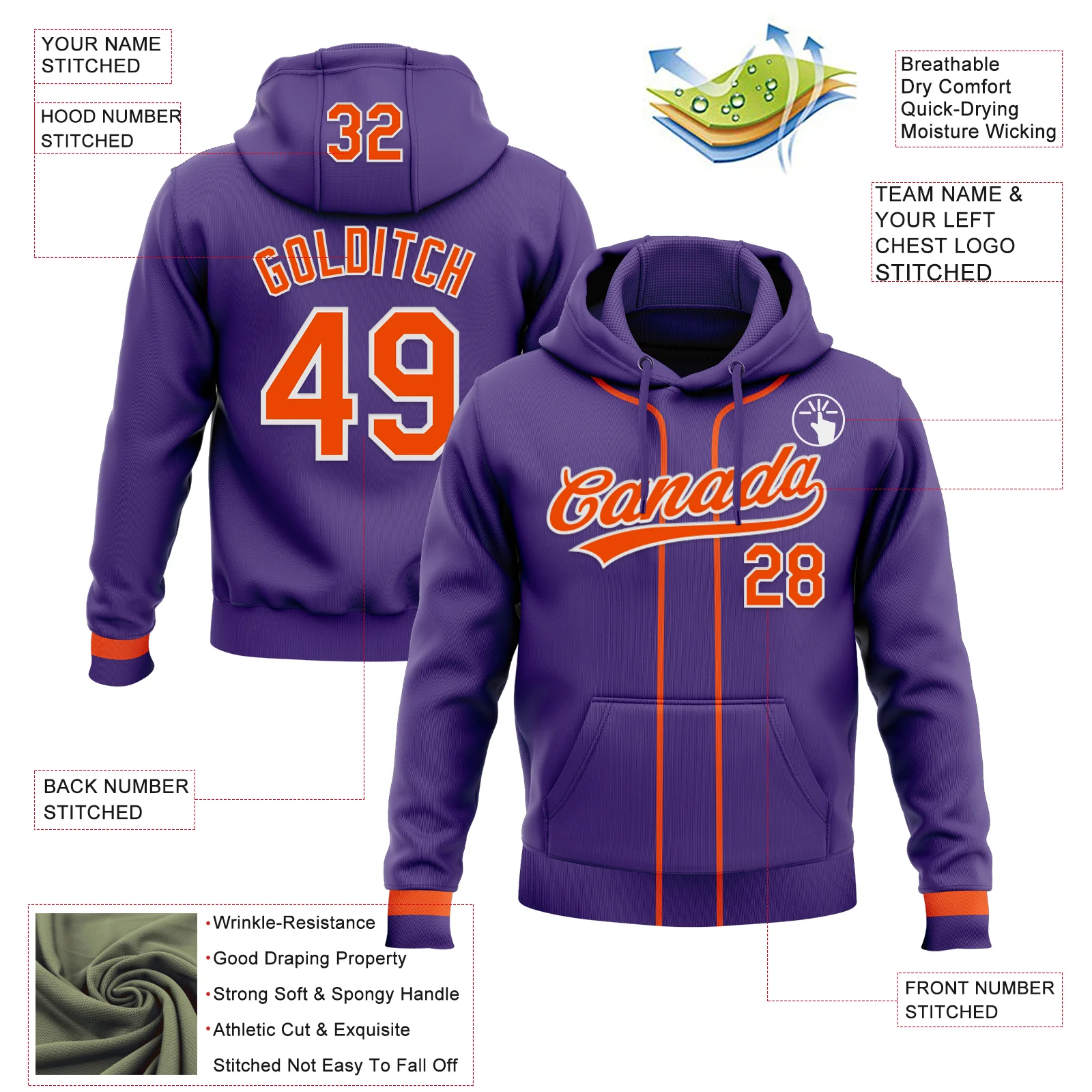 Custom Stitched Purple Orange-White Baseball Pullover Sweatshirt Hoodie - Image 2
