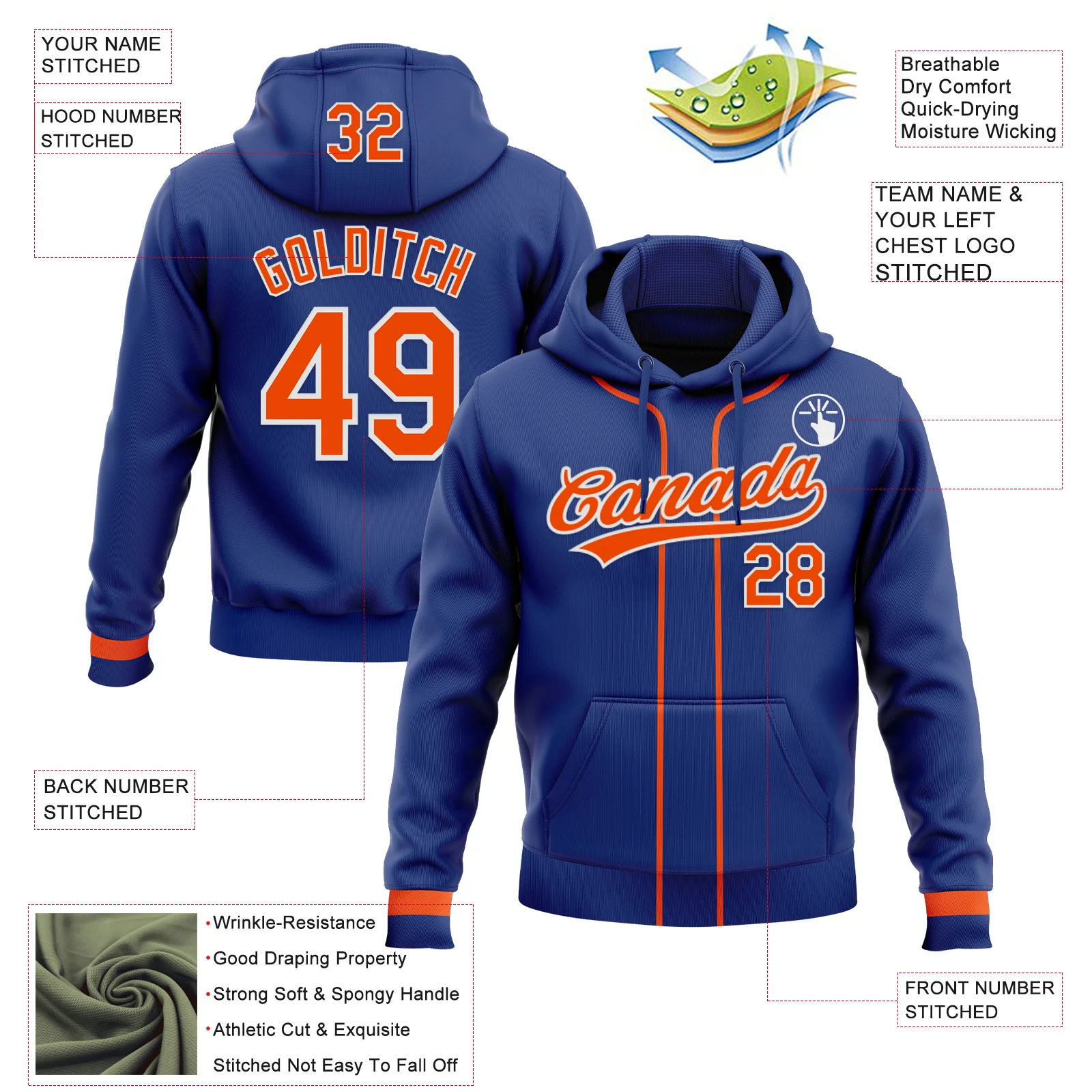 Custom Stitched Royal Orange-White Baseball Pullover Sweatshirt Hoodie - Image 2