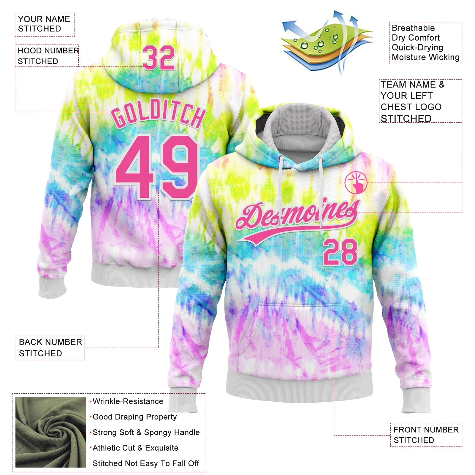 Custom Stitched Tie Dye Pink-White 3D Sports Pullover Sweatshirt Hoodie - Image 2
