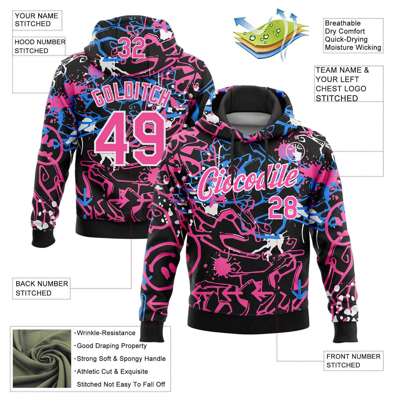 Custom Stitched Graffiti Pattern Pink-White 3D Abstract Grunge Art Sports Pullover Sweatshirt Hoodie - Image 2