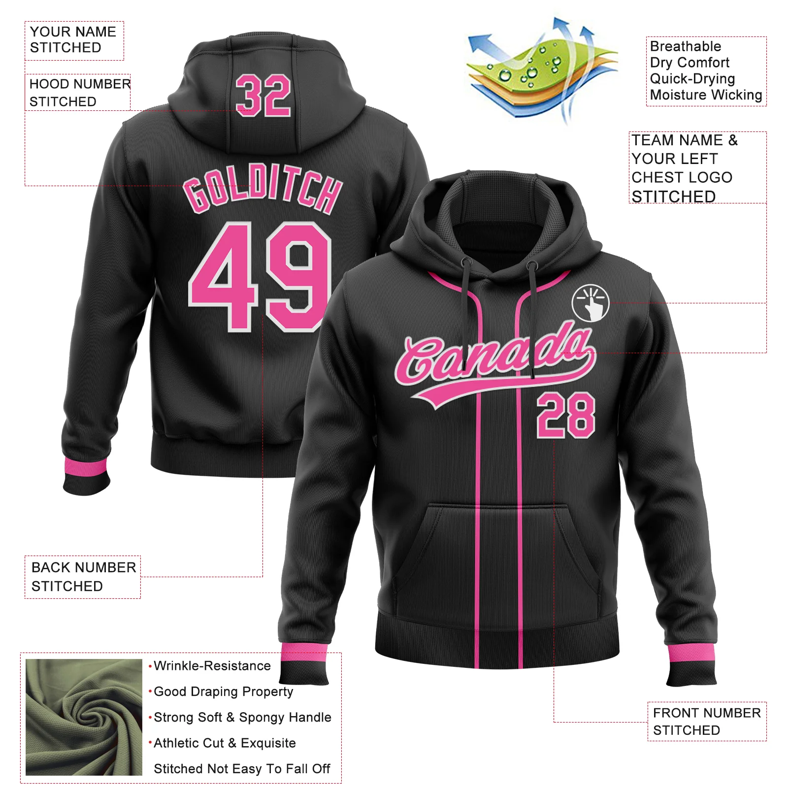 Custom Stitched Black Pink-White Baseball Pullover Sweatshirt Hoodie - Image 2