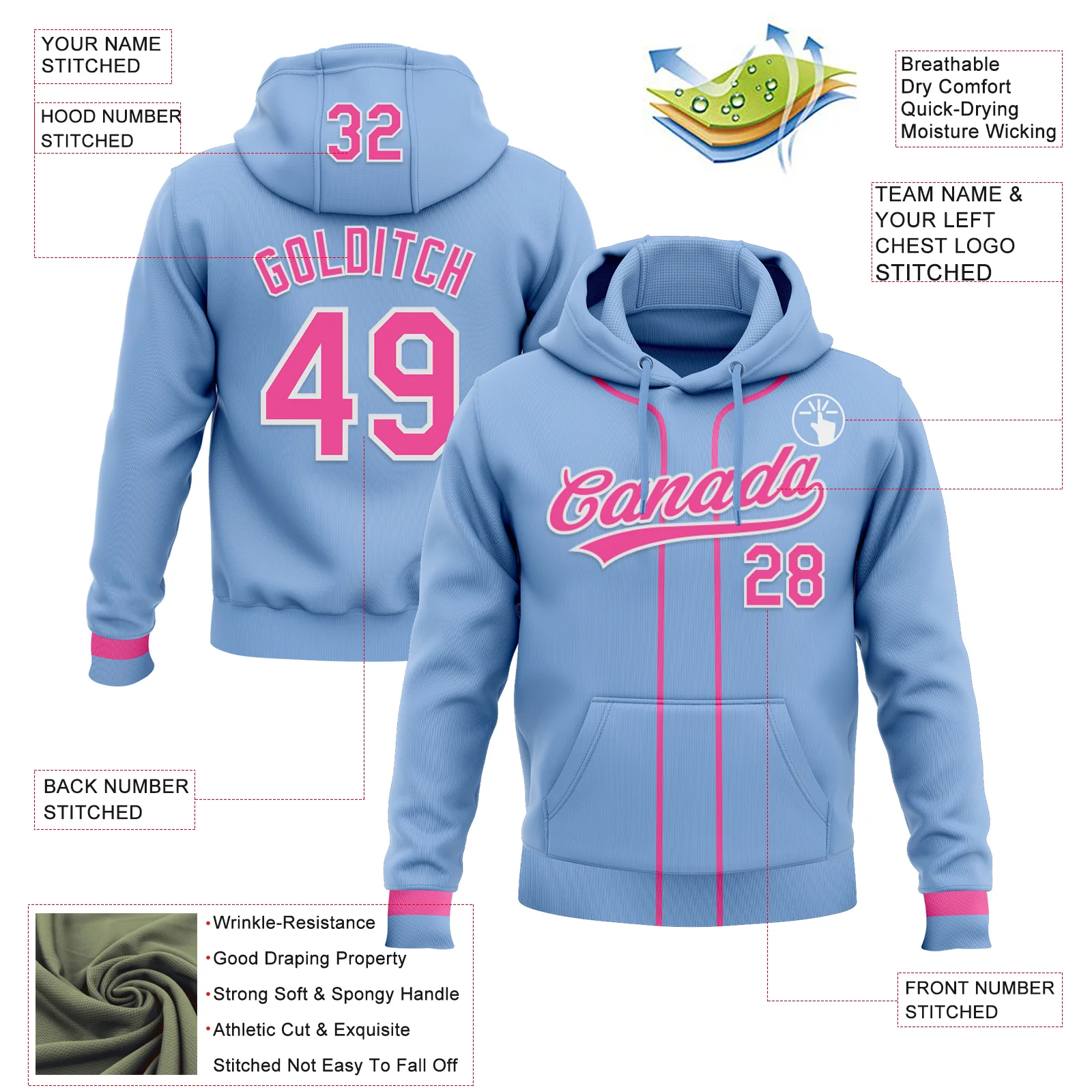 Custom Stitched Light Blue Pink-White Baseball Pullover Sweatshirt Hoodie - Image 2