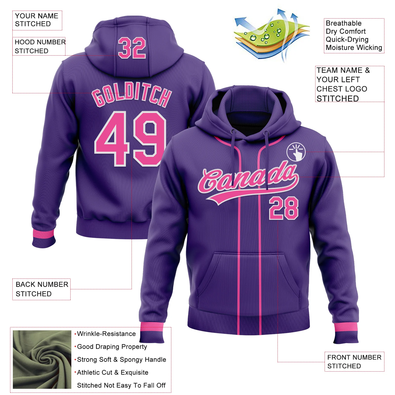 Custom Stitched Purple Pink-White Baseball Pullover Sweatshirt Hoodie - Image 2